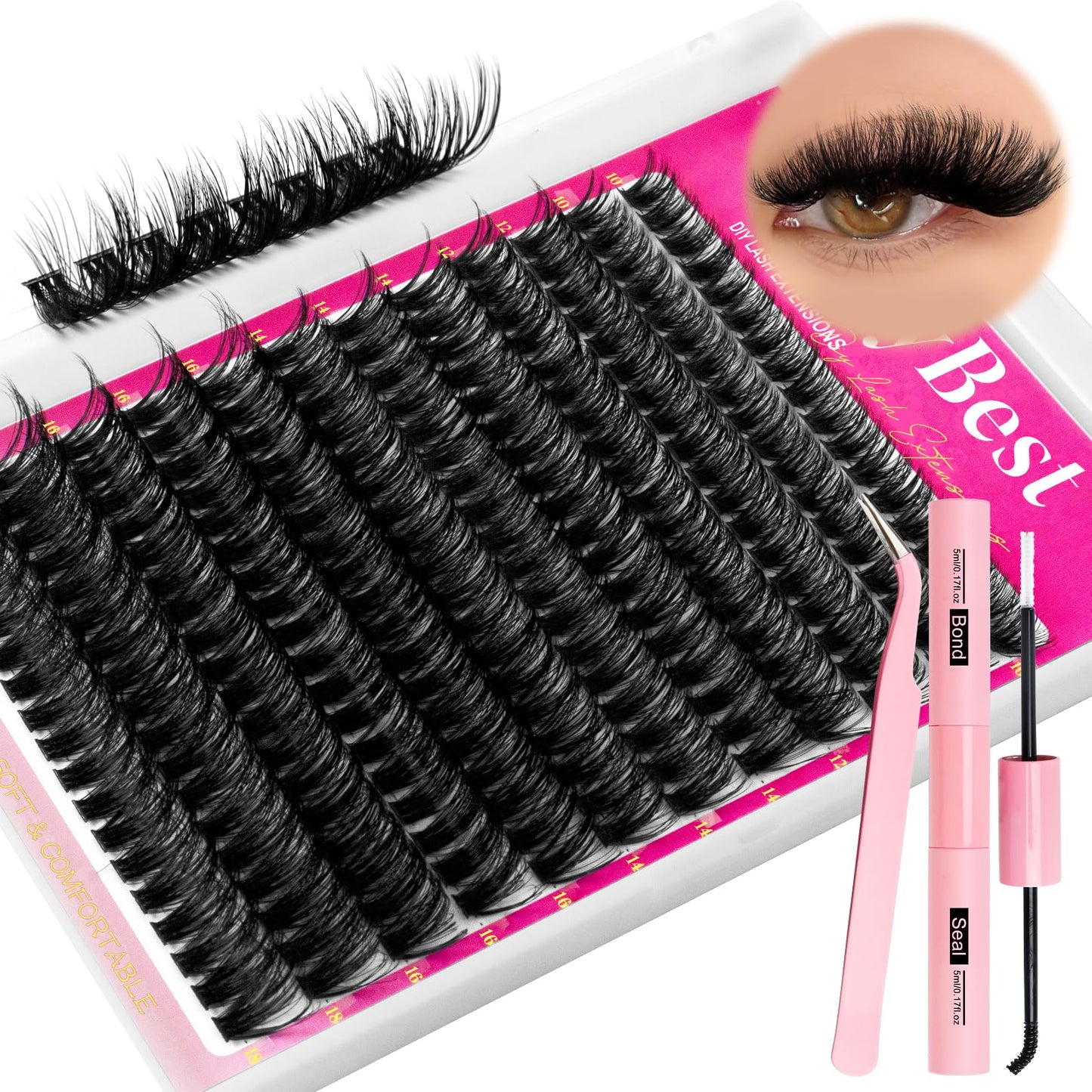 MilyBest Lash Clusters Kit Wispy, 10-18mm Fluffy Volume 80D Individual Eyelash Clusters - Reusable DIY Lash Extension Kit for Beginners, Thick Cluster Eyelash Extensions with Bond and Seal Tweezers