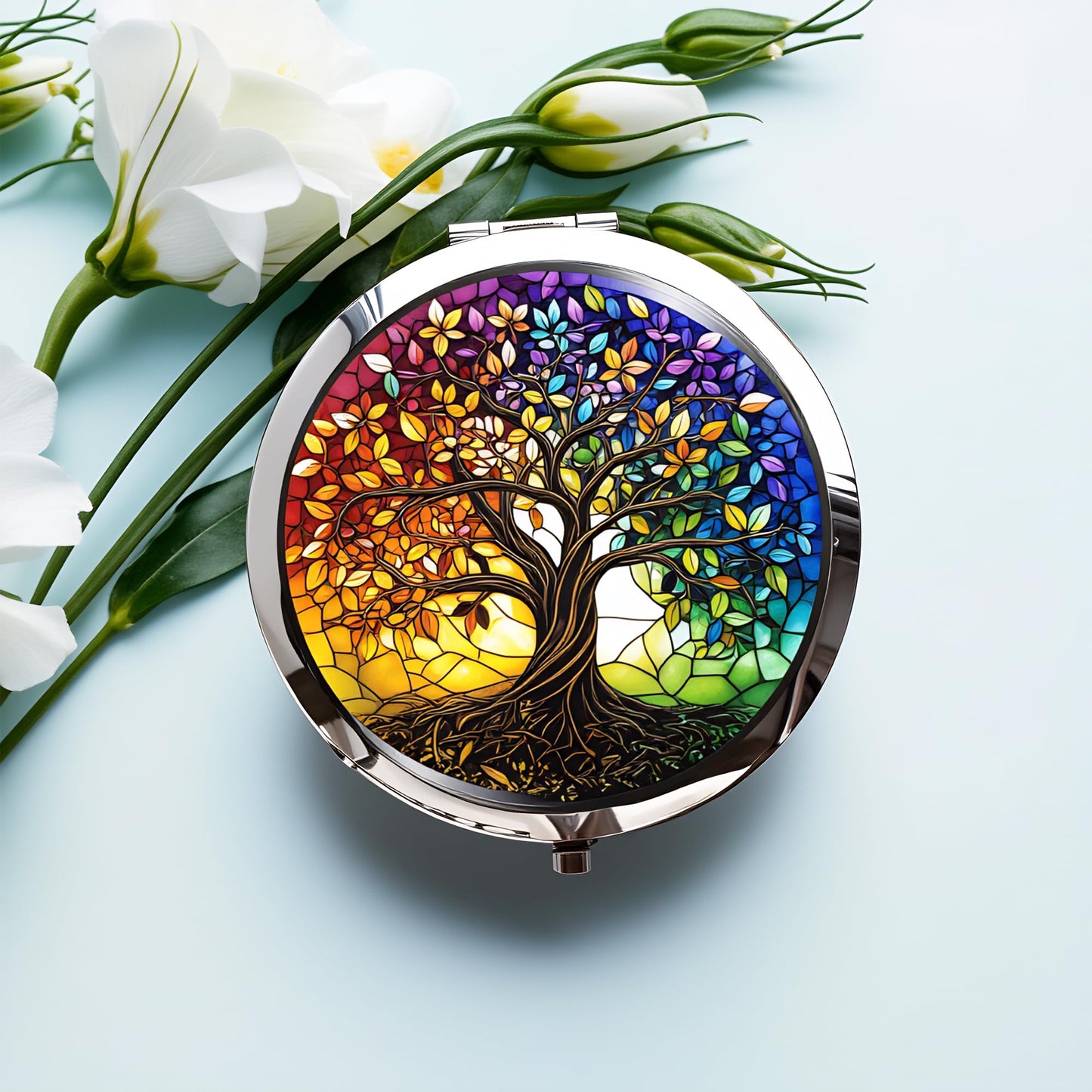 Silver Compact Mirror, 2.8x2.8inch Double-Sided Folding Makeup Mirror with Rainbow Tree of Life Design, Ideal Gift for Women