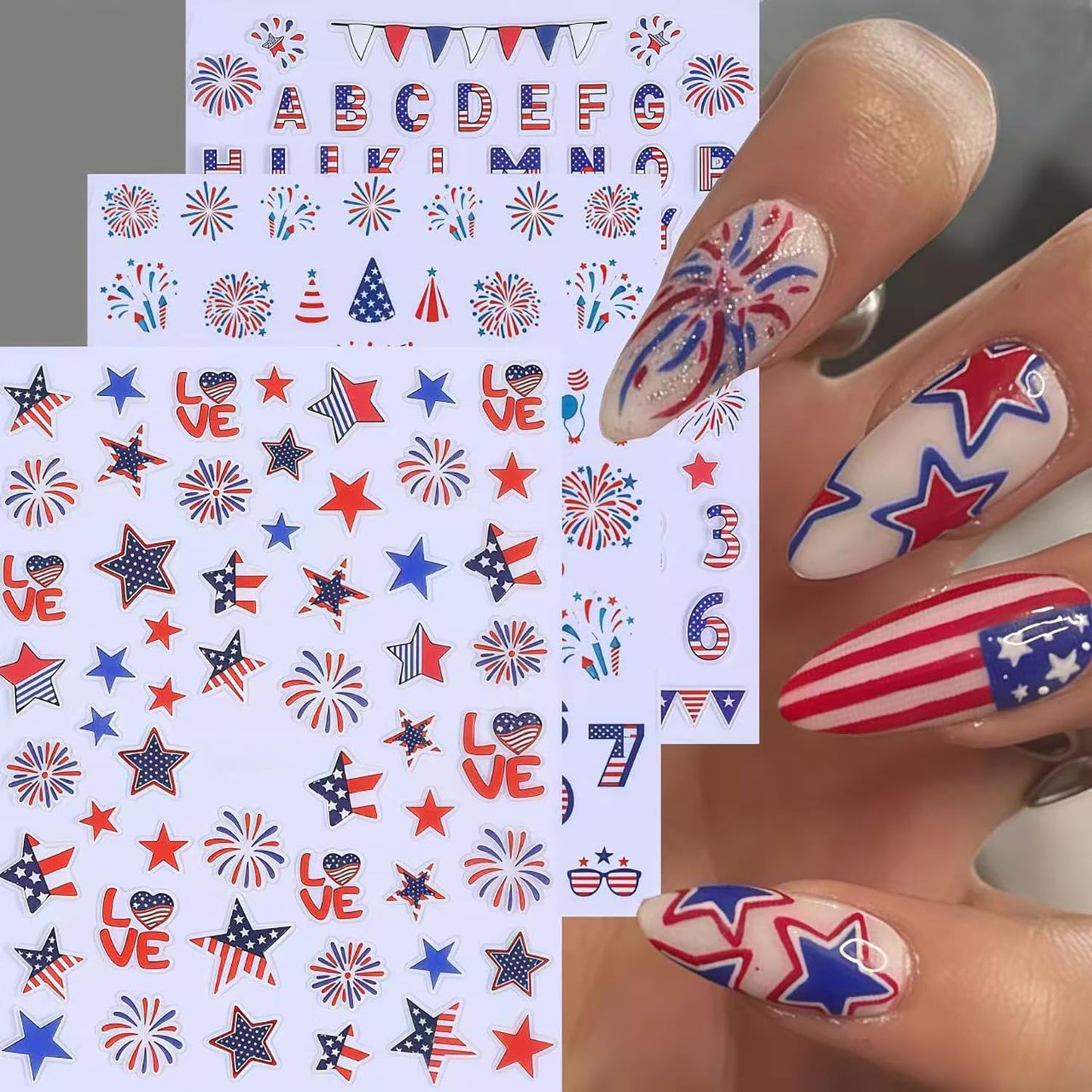 4th of July Nail Stickers for Nail Art 6 Sheets Independence Day Nail Decals with Patriotic Star Fireworks Letters Numbers Design Fourth of July Sticker American Holiday Manicure Decoration for Women