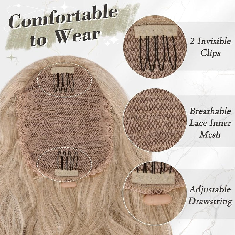 Blonde Ponytail Extensions - 26 Inch Curly Wavy Drawstring Hairpiece for Women | Light Blonde Mixed