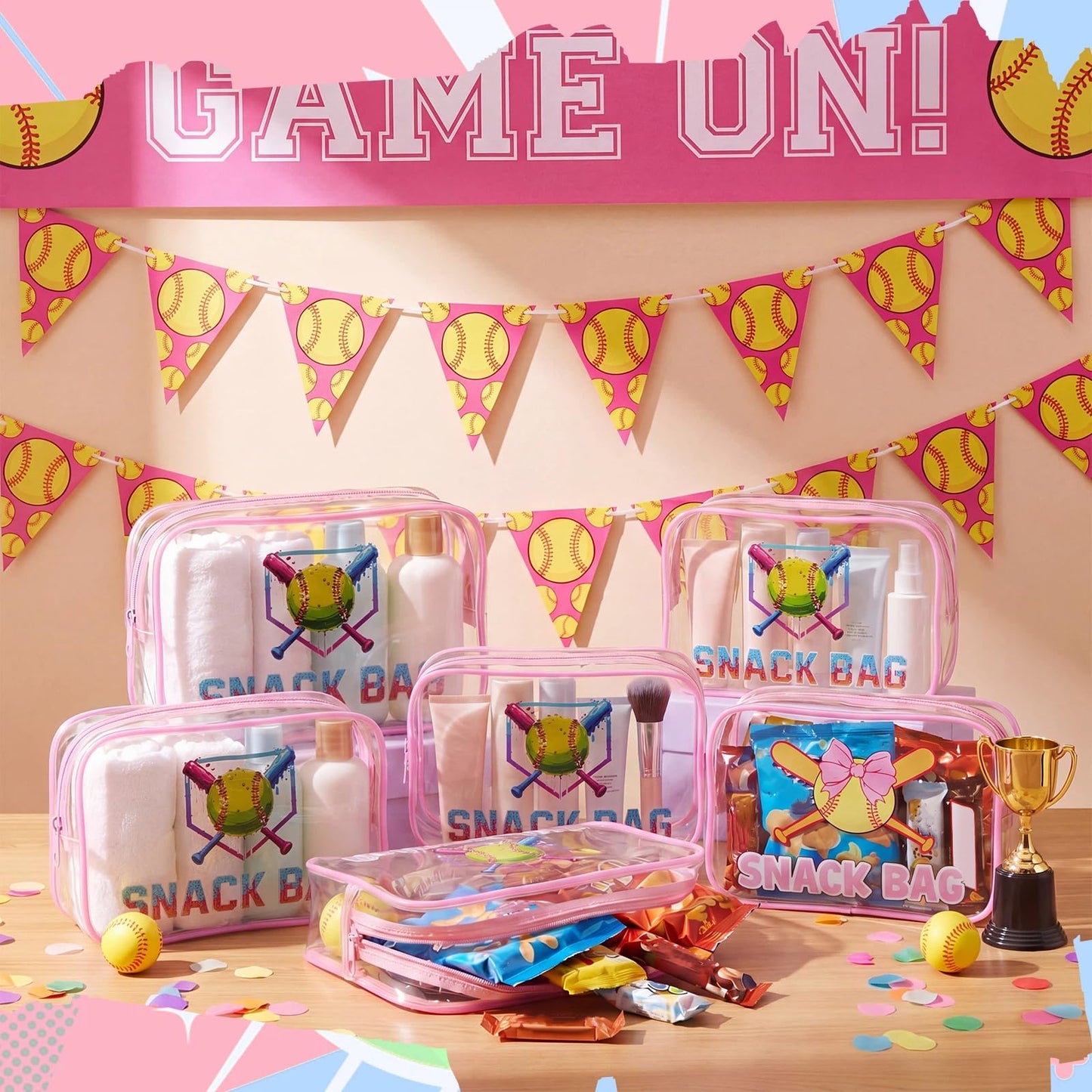 Sunnymove 12 Pcs Softball Party Favors Ice Cream Drip Snack Bags Cute Sport Gifts for Girls Women Makeup Bag Bulk Clear PVC Cosmetic Case Travel Handbag for Team Gift, 7.09 x 4.72 x 2.36''