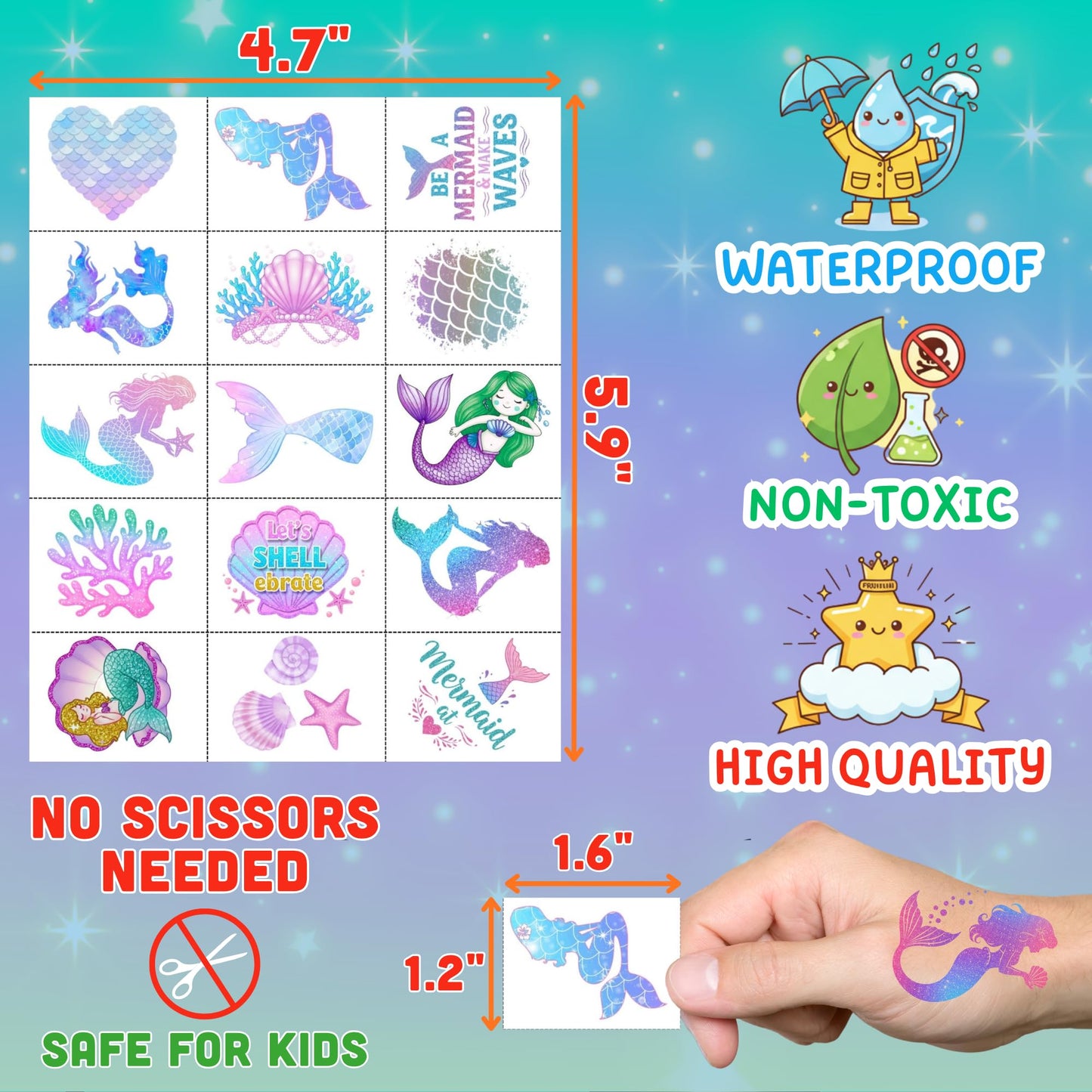 Mermaid Temporary Tattoos Stickers Under The Sea Themed Party Decorations Mermaid Themed Party Favors Supplies Accessories Under The Sea Themed Birthday Decorations Gift Idea For Kids Teen Boy Girl