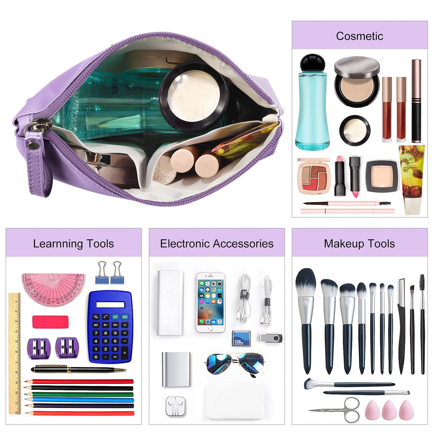 MAANGE Cosmetic Bags for Women Small Makeup Bag for Purse Pu Leather Makeup Pouch Travel Makeup Bag with Zipper Make Up Bag for Travelling (Purple)