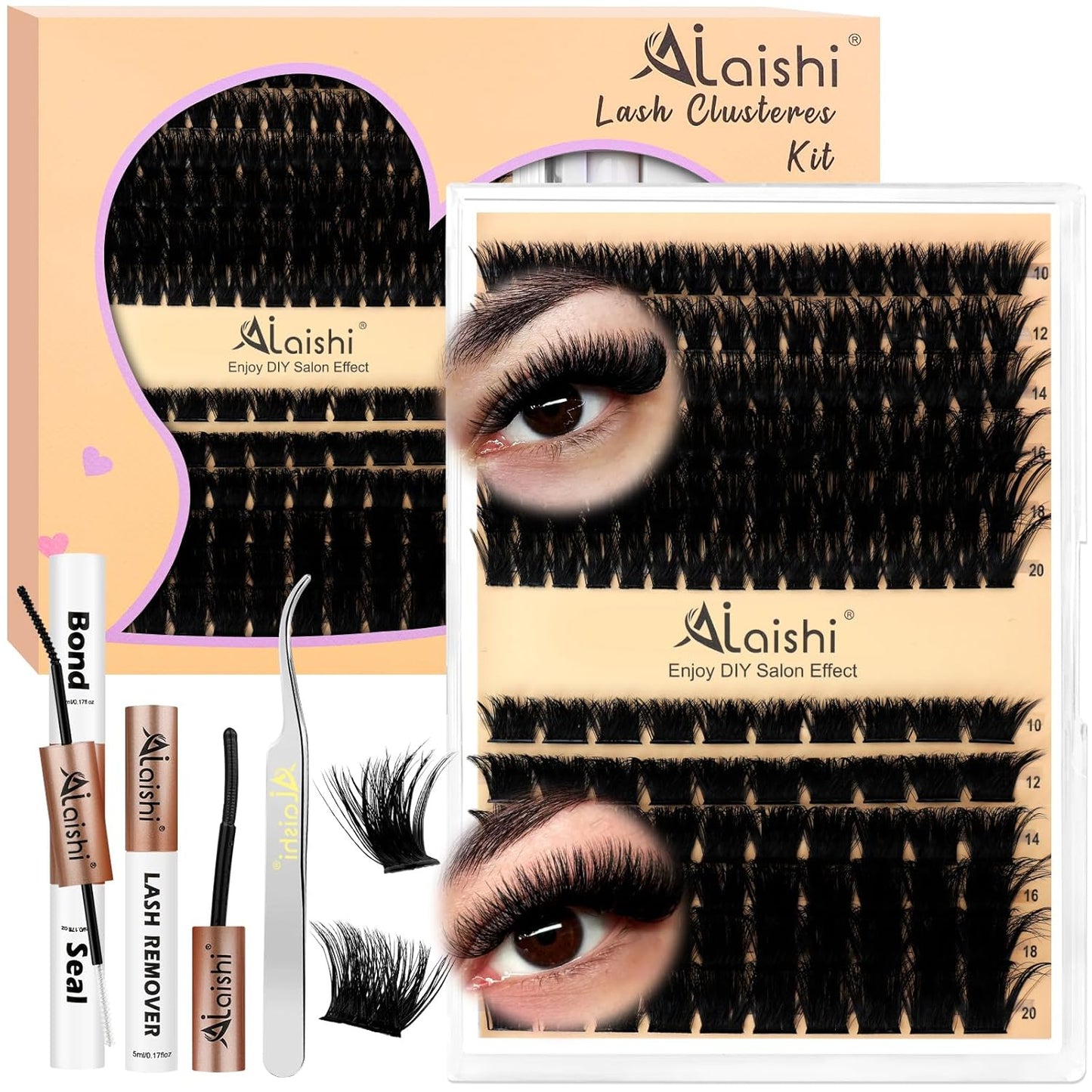 DIY Cluster Eyelash Extensions Kit - 224pcs Fluffy D Curl Lashes | 9-16mm, Bond & Seal, Tweezers Included