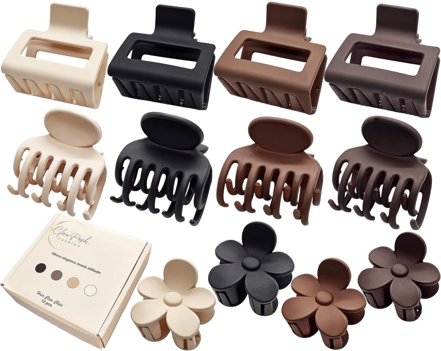 Small Hair Clips for Women - 12 Pack Mini Claw Clips for Thin & Short Hair | Neutral Matte Rectangle & Flower Designs (1.5–2 Inch)