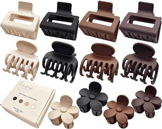 Small Hair Clips for Women - 12 Pack Mini Claw Clips for Thin & Short Hair | Neutral Matte Rectangle & Flower Designs (1.5–2 Inch)
