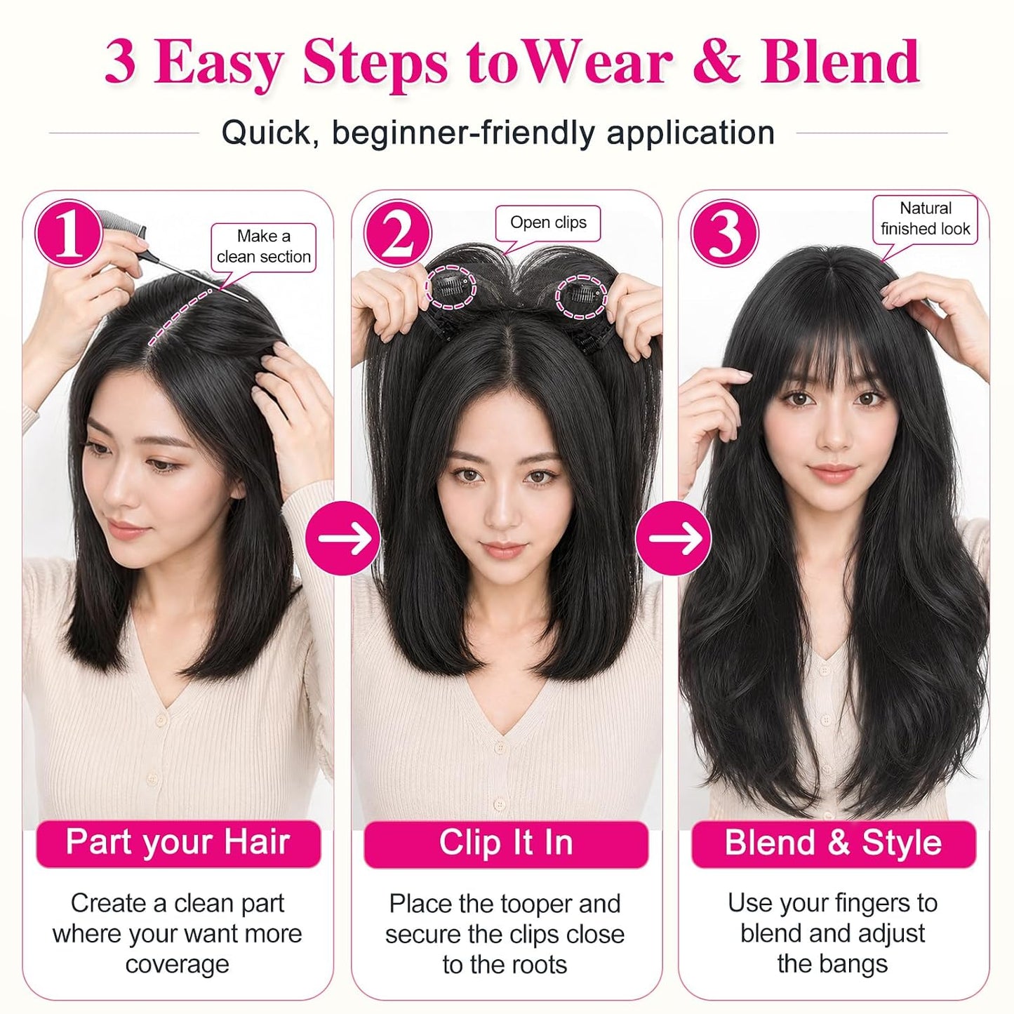 Hair Toppers for Women - 26-Inch 3D 360° Coverage Black Brown Long Straight Clip-In Synthetic Hair with Bangs