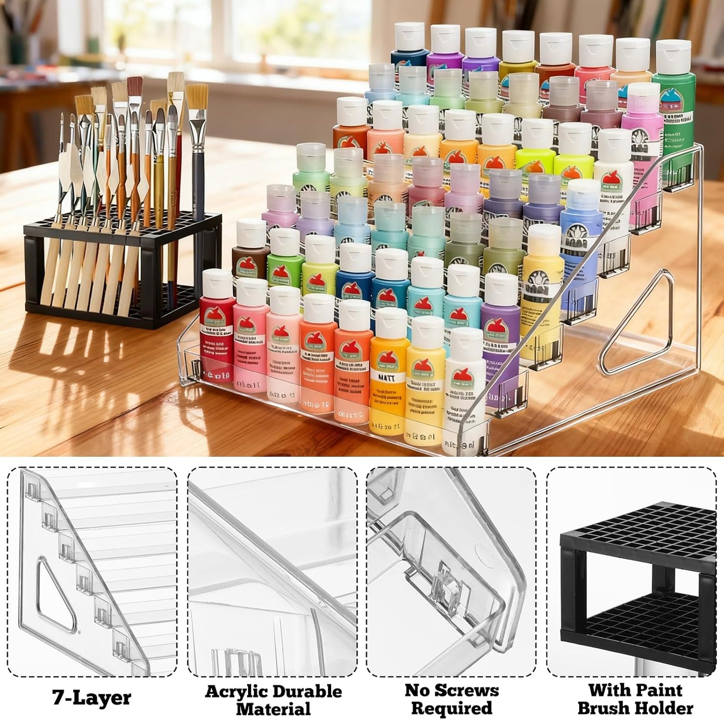 Clear Acrylic Paint Organizer - 7-Layer Storage Rack with Brush Holder | Ideal for Small Tubes and Jars