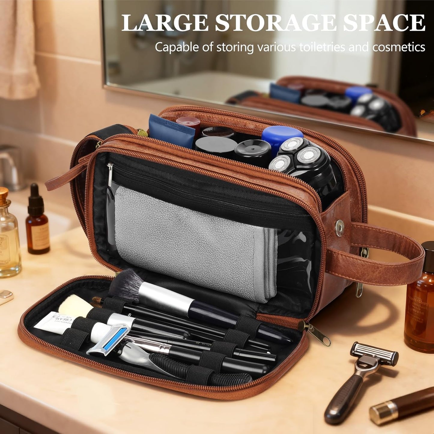 Personalized Toiletry Bag for Men - Engraved Waterproof PU Leather Shaving Bag | Ideal Father’s Day Gift, Brown - M