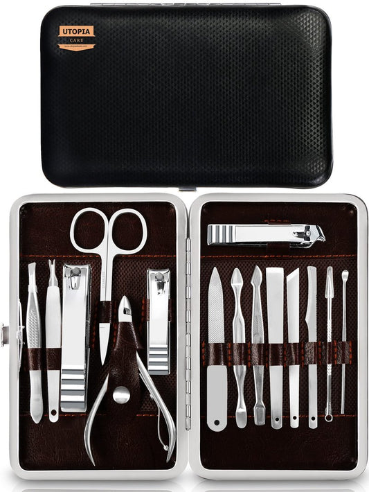 Utopia Care, Manicure Kit for Women and Men, Manicure Set with Nail Clippers, Nail Kit Includes Fingernail, Toenail Clippers,16Pcs Pedicure Kit Stocking Stuffers with Travel Case, Silver