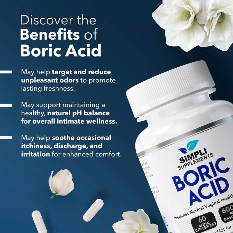 Simpli Supplements Boric Acid Suppositories for Women 600mg – 60 Count | Vaginal pH Balance Support | Feminine Care | Helps Maintain Freshness & Odor Control