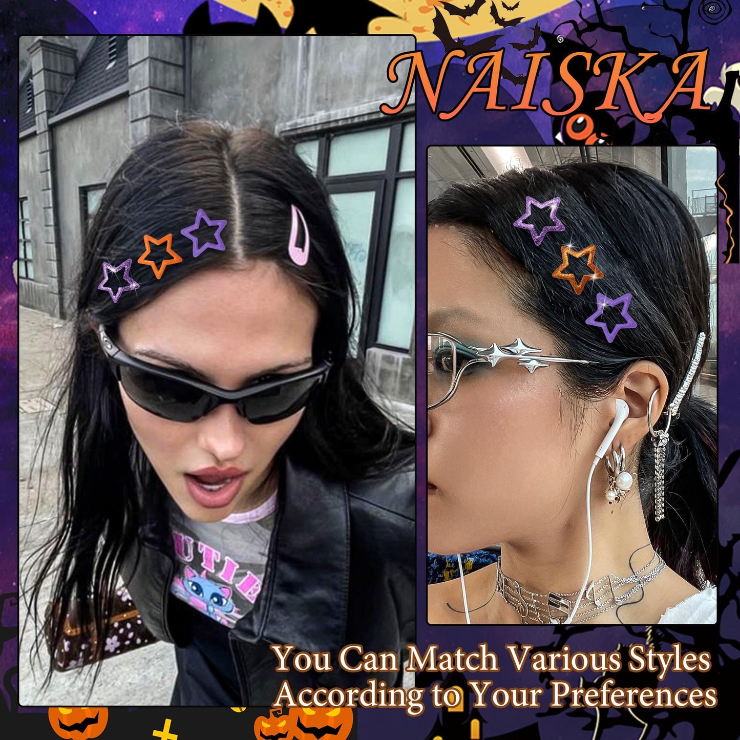 NAISKA 24PCS Halloween Stars Hair Clips Sequins Stars Hair Barrettes Metal Star Snap Clip Y2K Non Slip Clips Halloween Vibe Cute Hair Accessories for Women Girls
