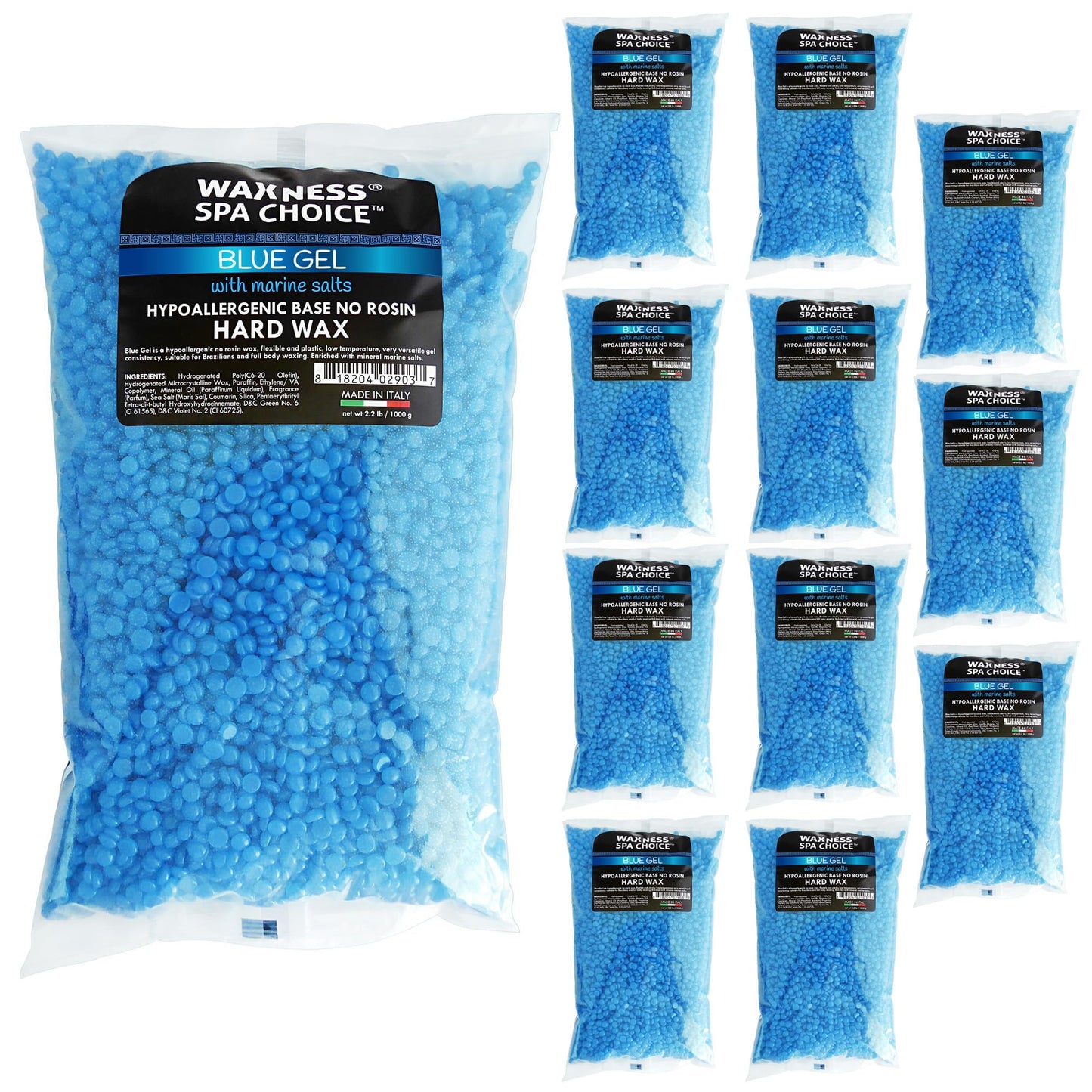 Waxness Spa Choice No Rosin Blue Gel Hard Wax Beads with Marine Salts 2.2 lb / 1 kg Pack of 12