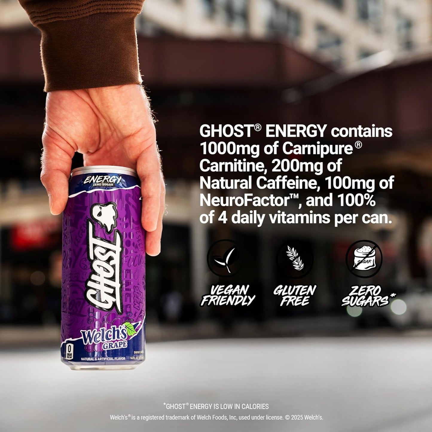 GHOST Energy Drink - 12-Pack Welch's Grape 16oz Cans | Natural Caffeine, Vegan & Gluten-Free Energy Boost