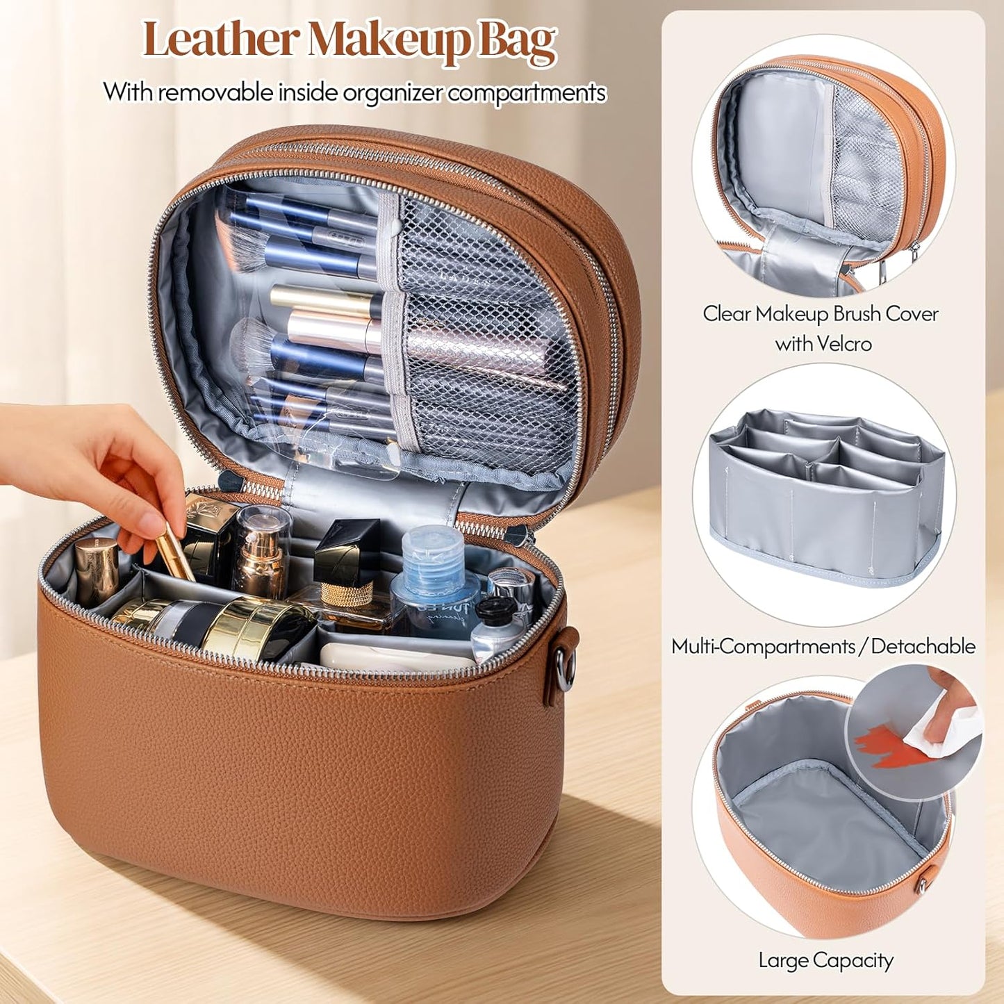 Leather Makeup Bag Organizer - Double Layer Vanity Case with Compartments | Large Capacity, Portable Travel Storage in Brown