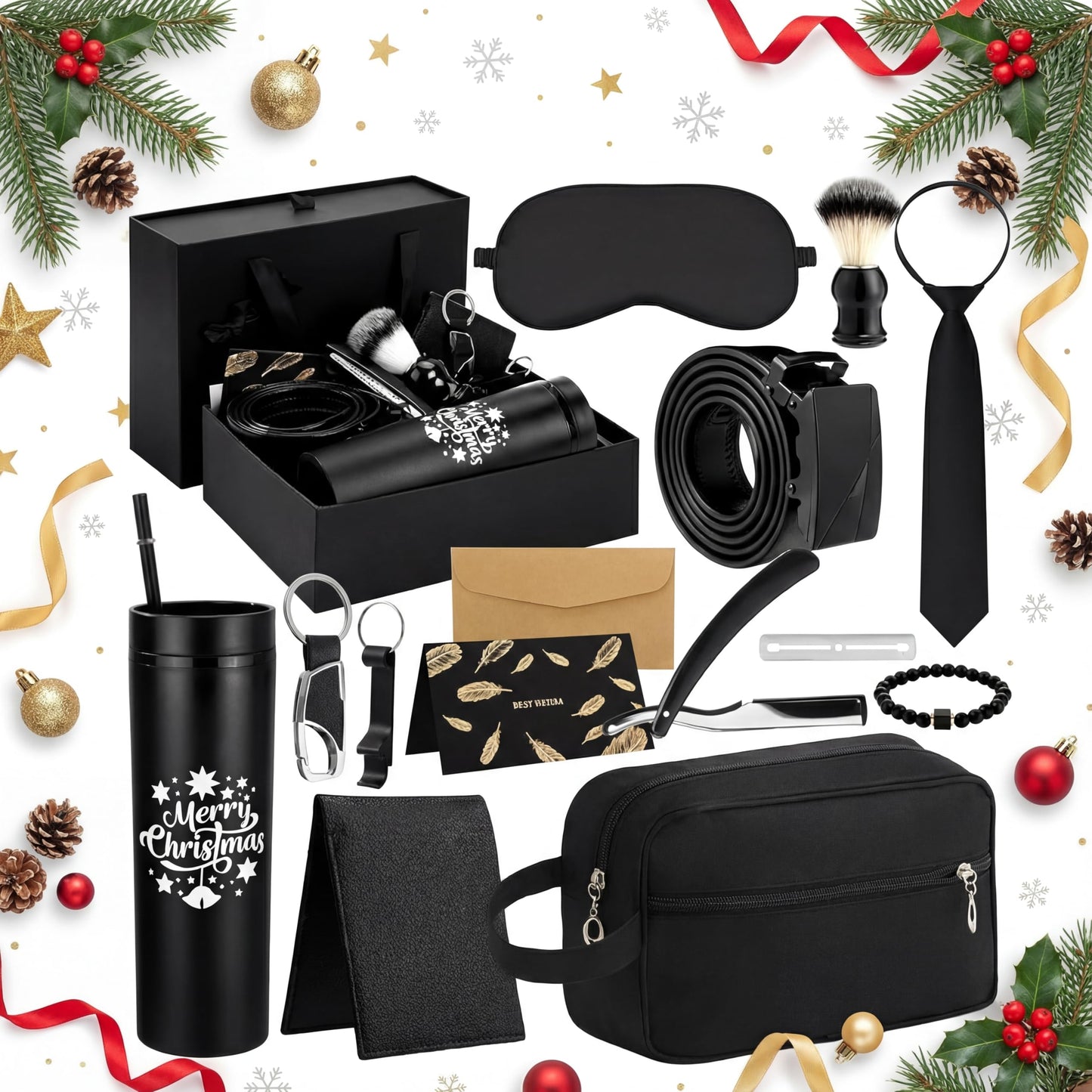 Tioncy 12 Pcs Christmas Men Gift Set Birthday Gifts Baskets with Box Tumbler Bottle Opener Keychain PU Leather Wallet Tie Belt Bag Bracelet Eye Mask Xmas Party Present Box for Dad(Delicate Pattern)