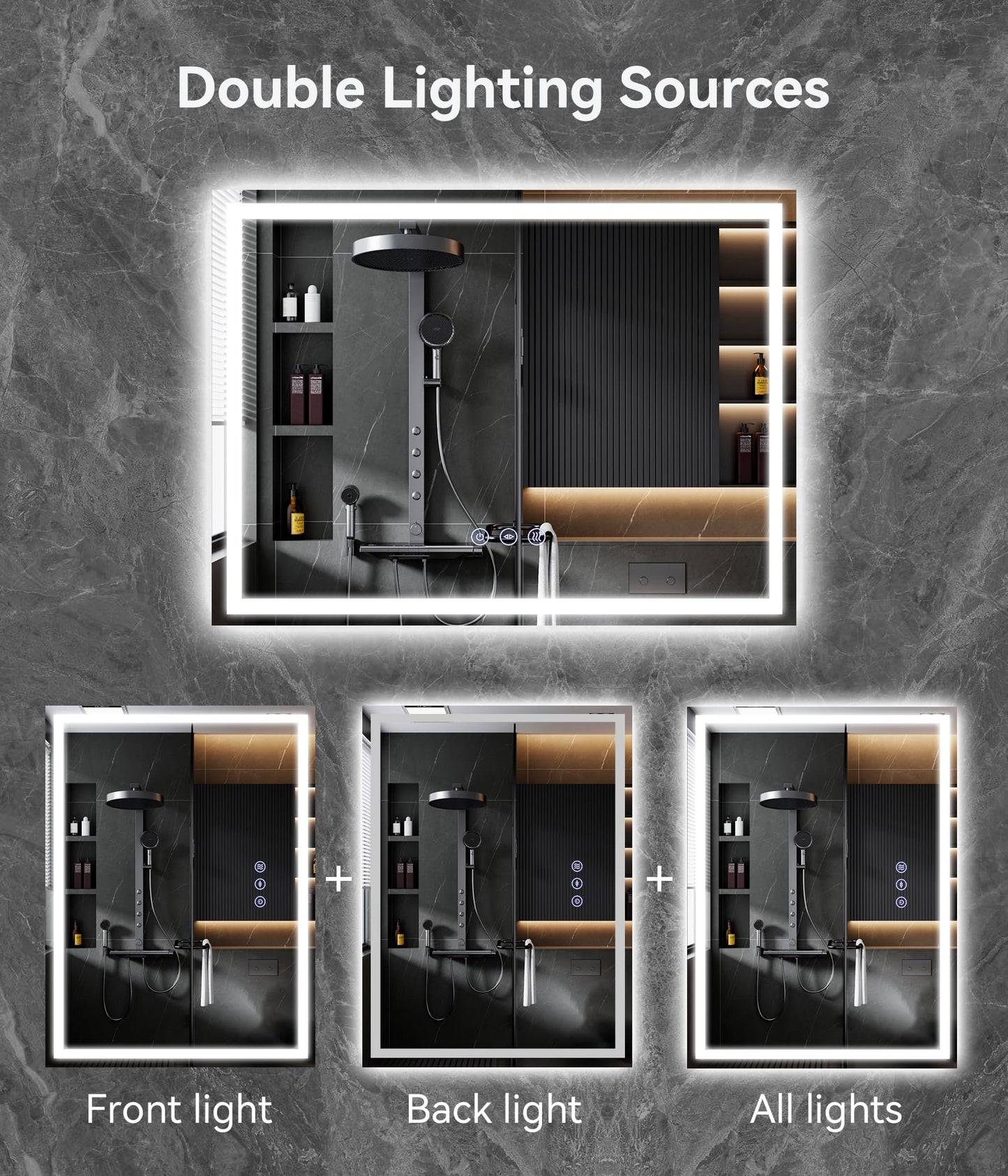 GAVIVOL 28x20 inches LED Bathroom Mirror Anti Fog Adjustable Brightness Backlit Front Lit Lighting Wall Mounted Vanity Mirror with Memory Function Shatter-Proof Tempered Glass Lighted Mirror