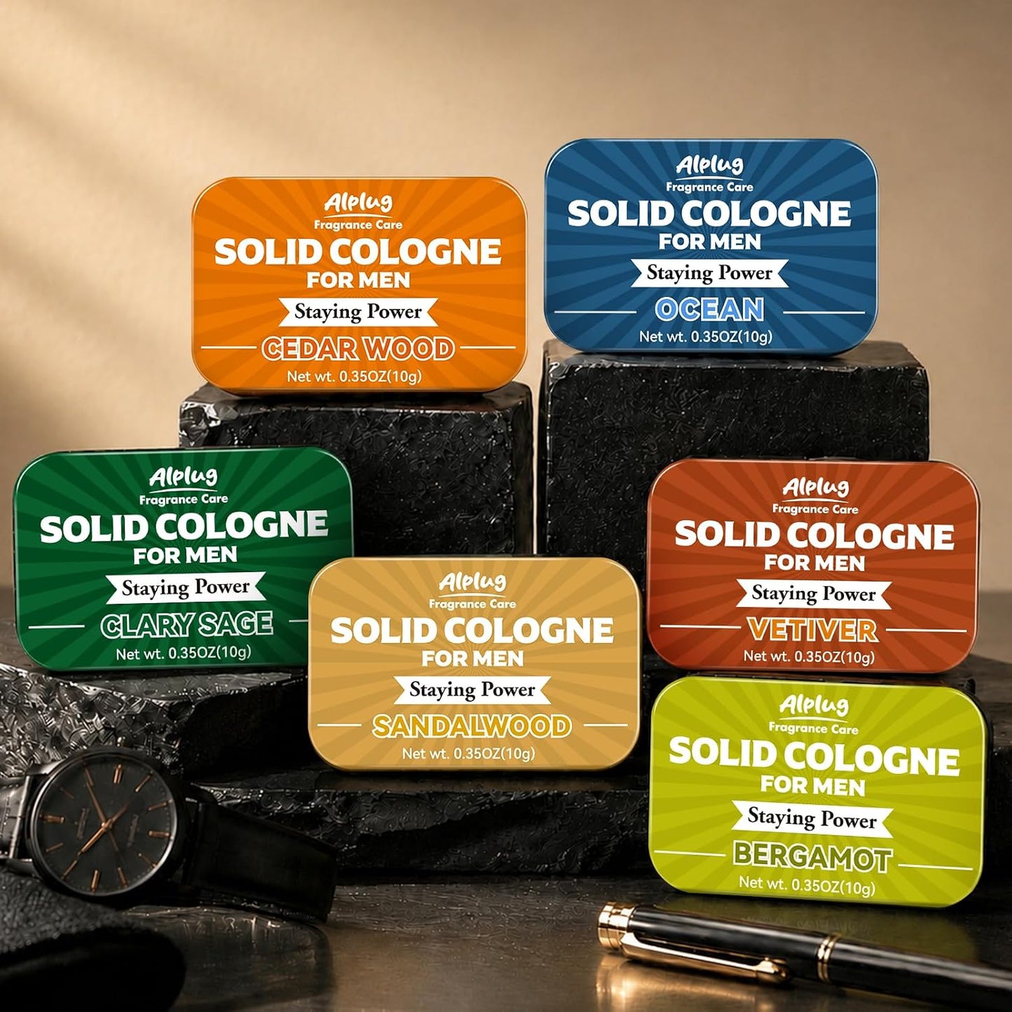 Solid Cologne Gift Set for Men - 6 Pack of Cedar Wood, Bergamot & Sandalwood | Perfect Father's Day Gift for Dad or Husband