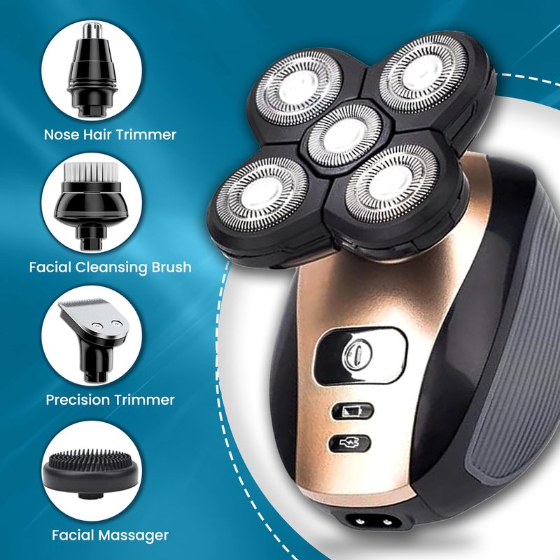 The Perfect Part 5-in-1 Rotary Electric Razor Bald Head Shaver | 4D Rechargeable and Cordless Beard Trimmer | Includes Skull Shaver, Clippers, Nose Hair Trimmer, Face Scrubber & Facial Cleansing Brush
