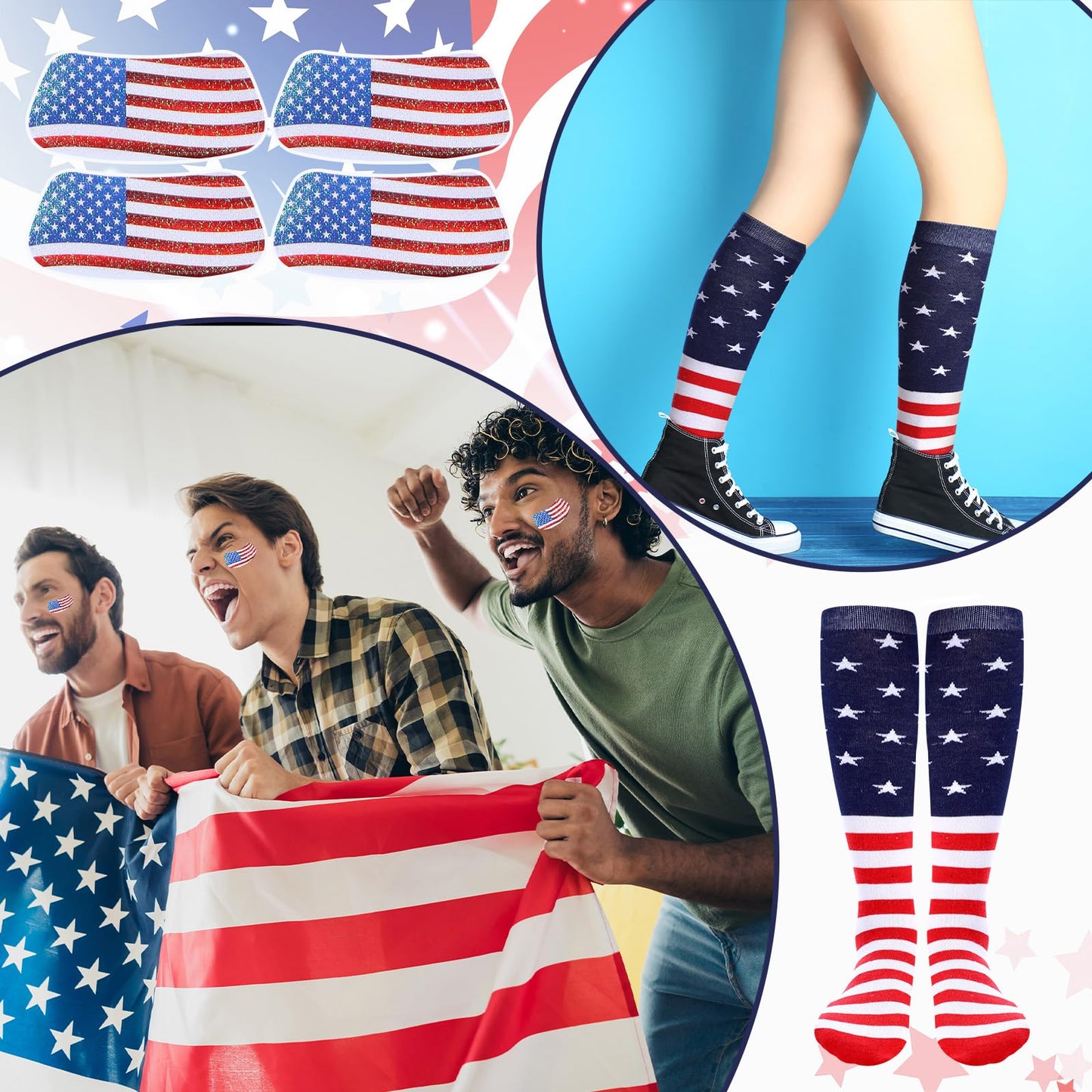 Panitay 12 Pcs 250th Sport Accessories 6 Softball Soccer Socks 6 Glitter Eye Black Stickers for Youth Women Adult Supplies