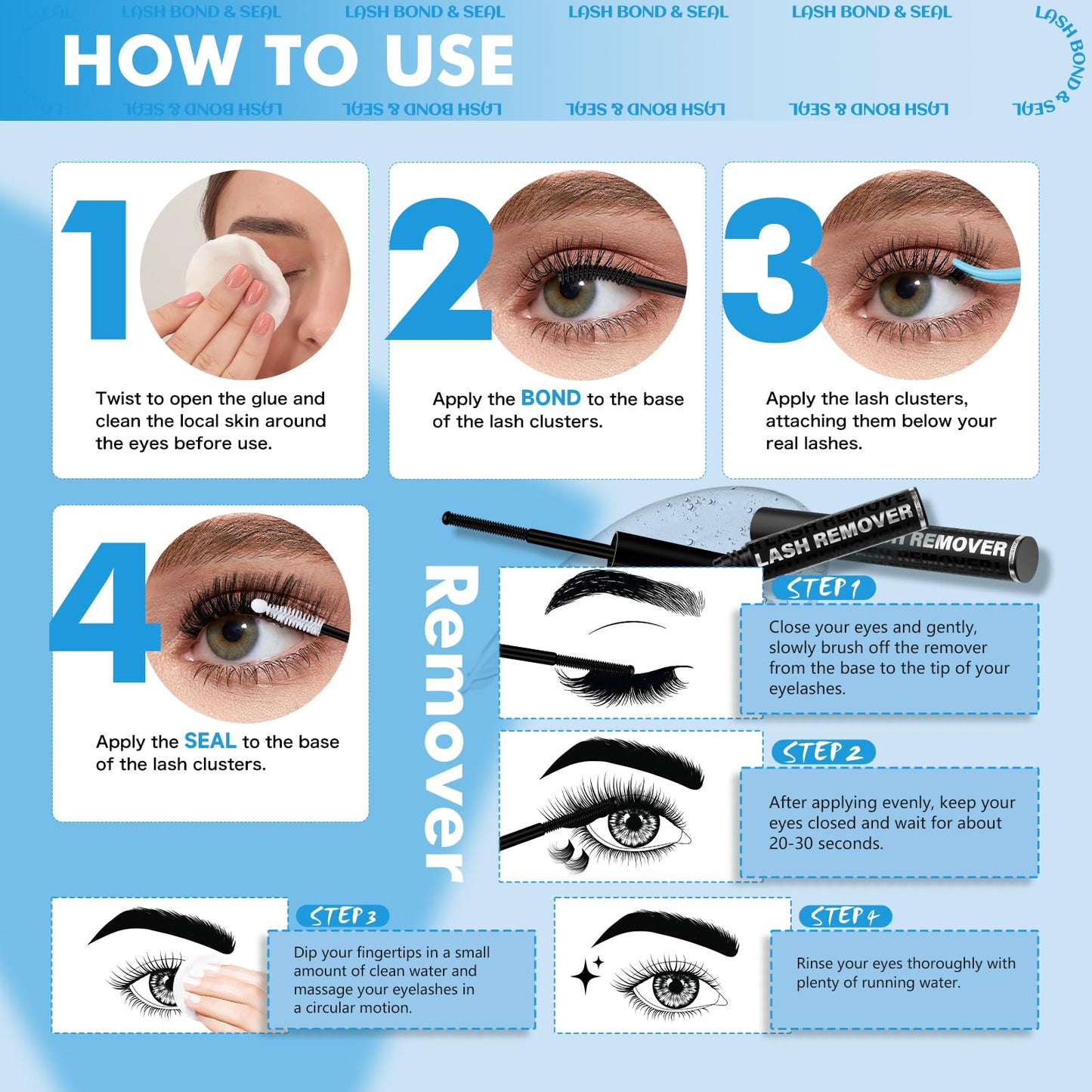 Lash Bond and Seal Lash Remover For Lash Extensions 3 In 1 Kit Strong Hold Bond and Seal Lash Glue Gentle Quick Removal Lash Cluster Remover DIY Lash Extension At Home,Easy to Use(10ml+5ml)