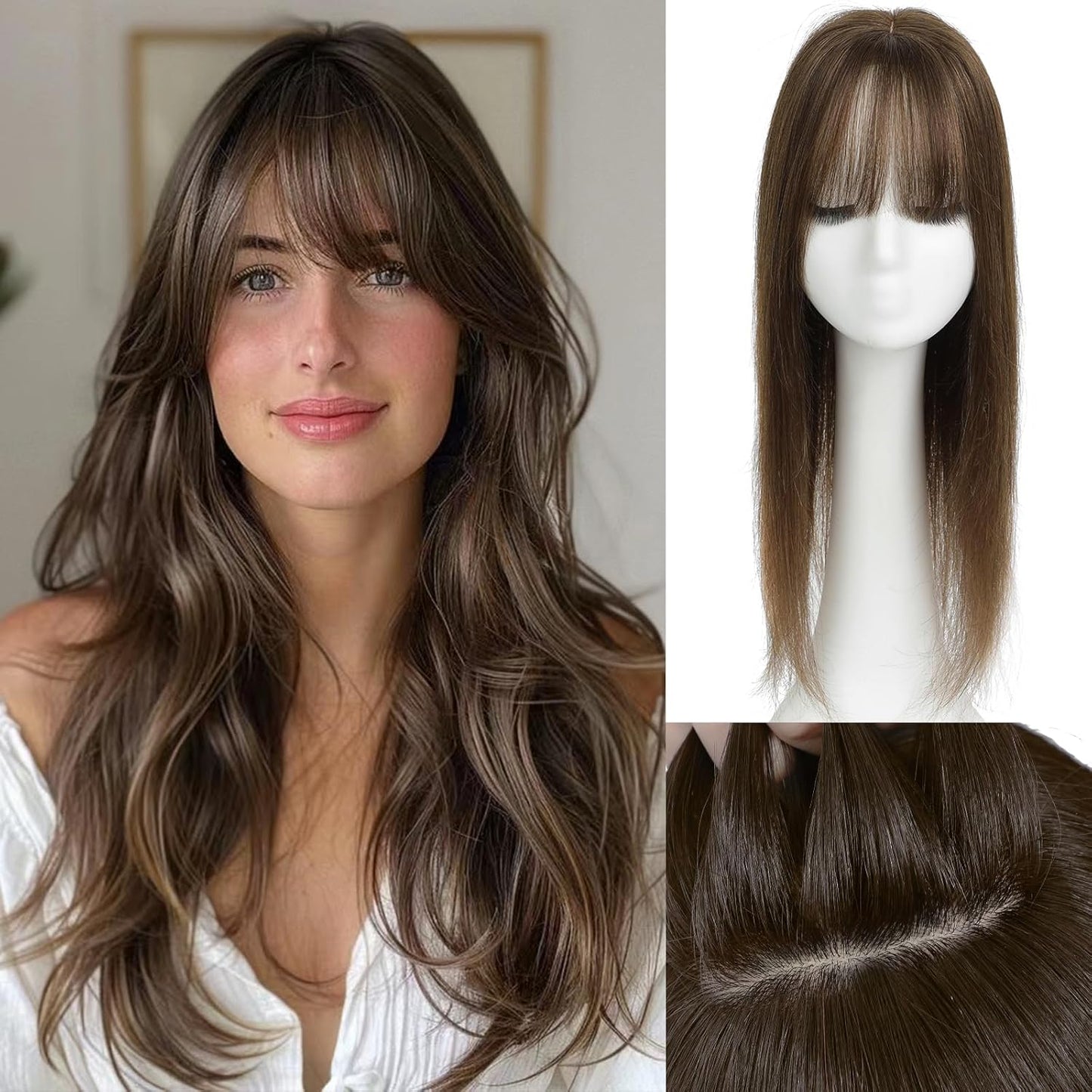Aimeolyn Hair Toppers for Women - Real Human Hair 12-Inch Wiglet with Bangs for Thinning Hair | Big Base Scalp Coverage