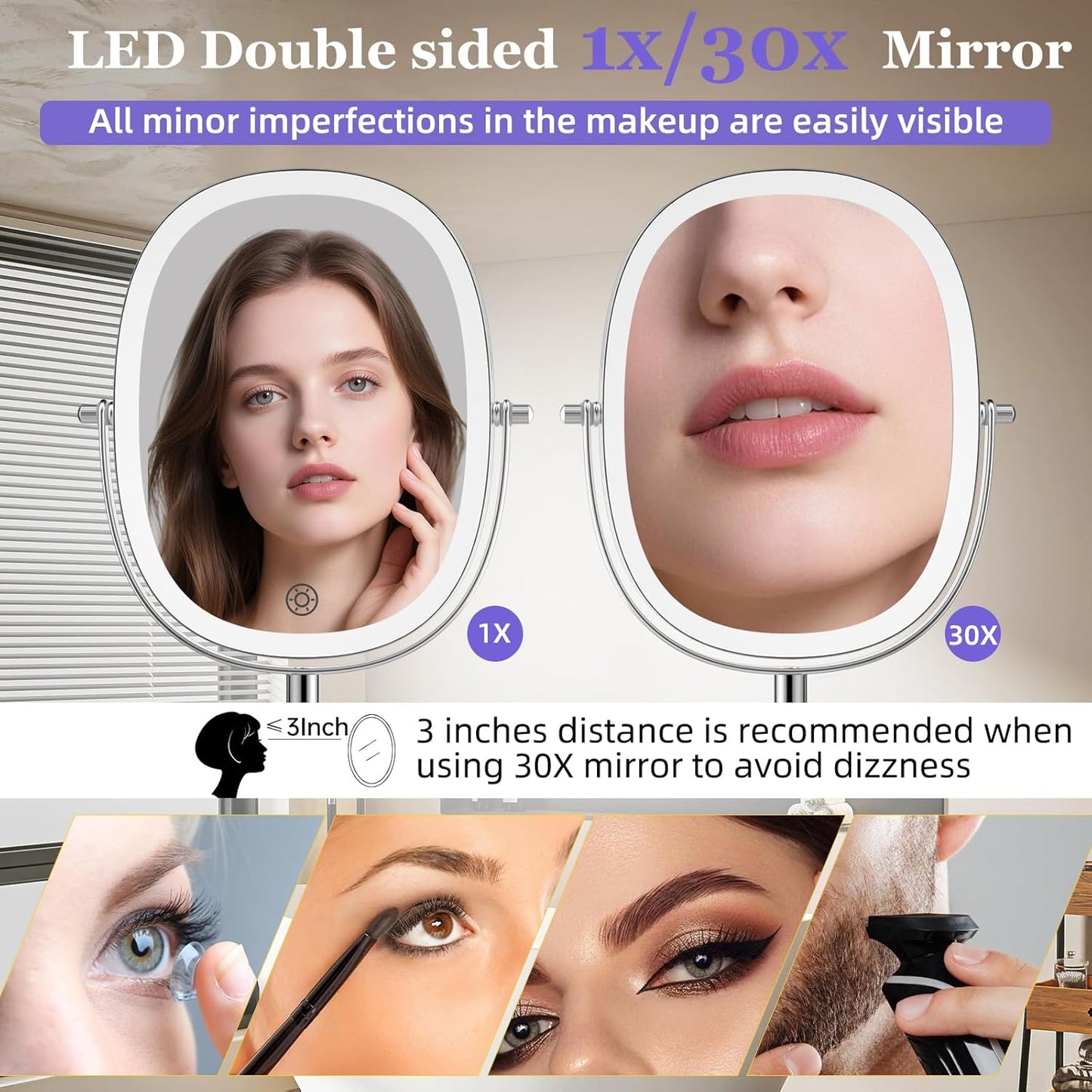 FUNTACH 30X/1X Wall Mounted Lighted Makeup Mirror - Rechargeable Double-Sided Magnifying Design | 3 Color Modes, 360° Rotation