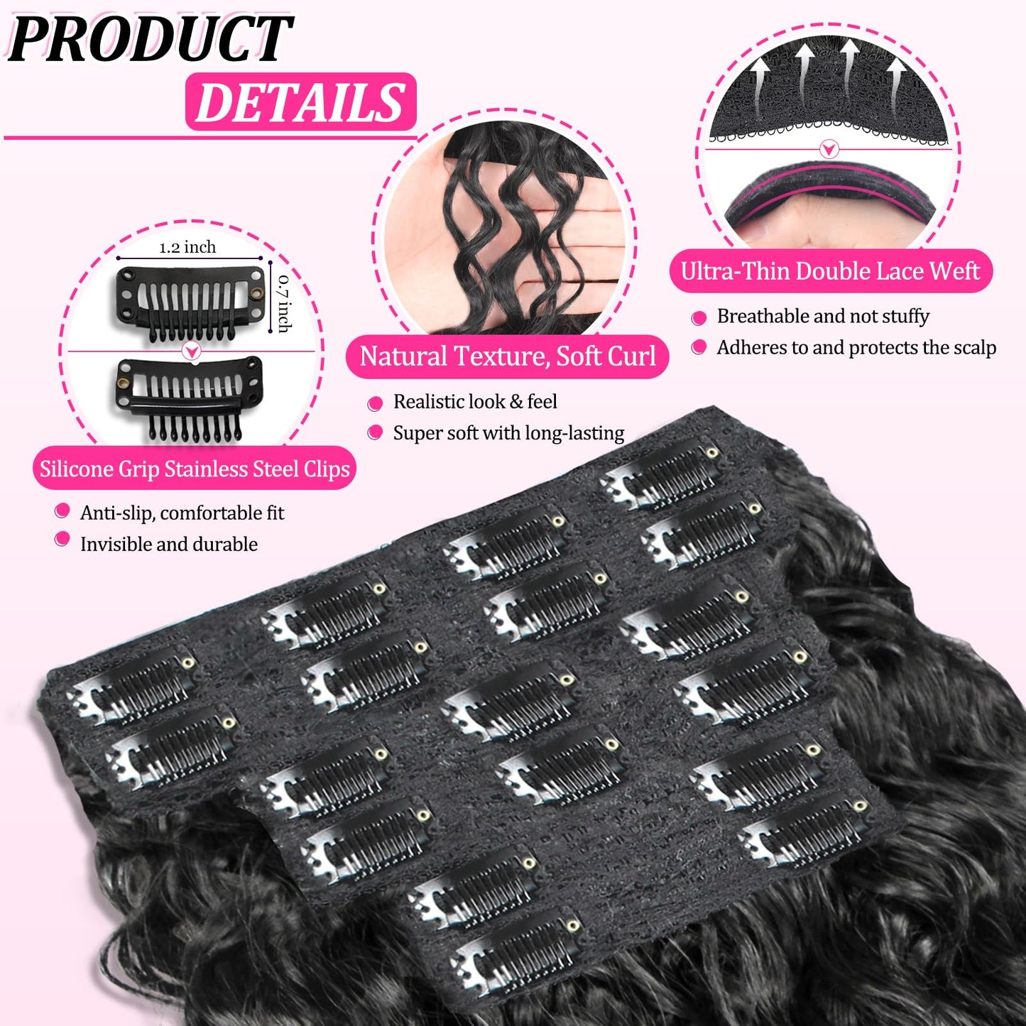 Curly Clip In Hair Extensions 6 Pcs 18 Clips Water Wave Clip Ins 100％ Pure Protein Silk Fiber Real Hair Feeling Full Head Double Lace Weft Soft Natural Hair Extensions for Women