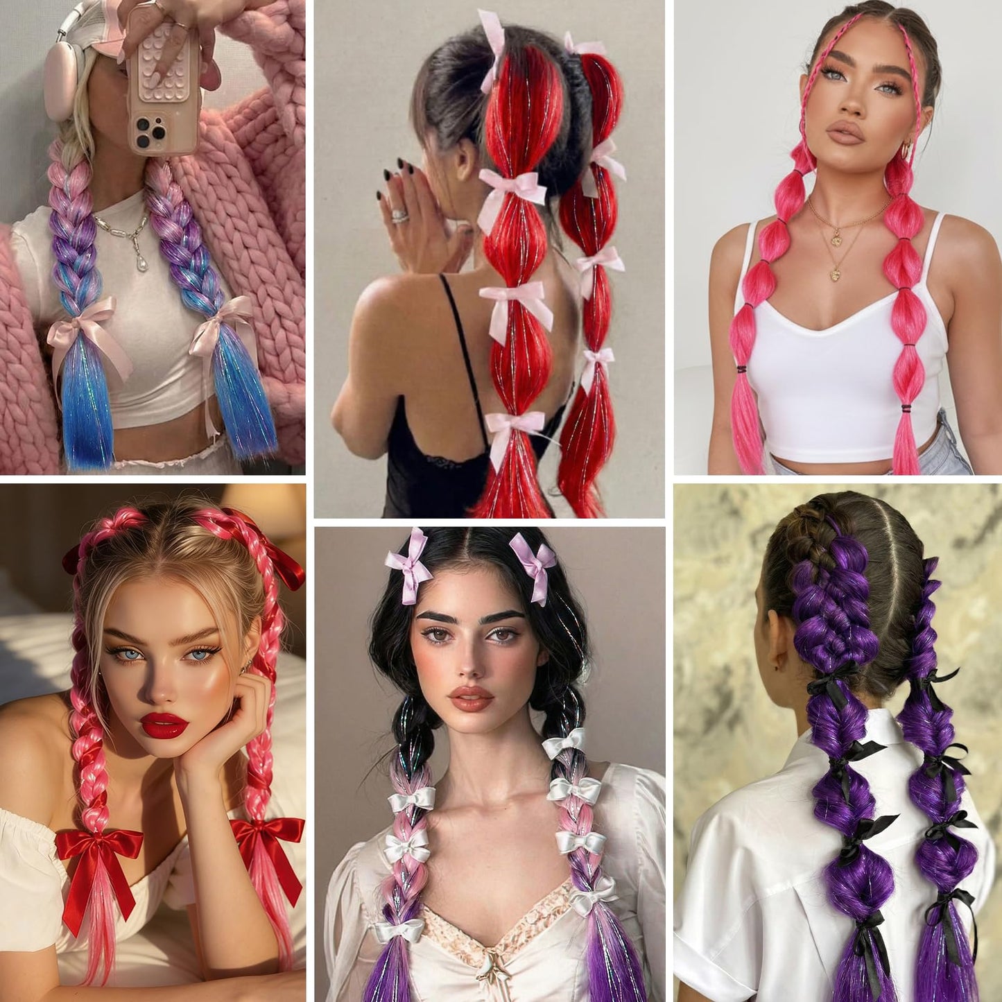CenXRui Purple Hair Extensions with Tinsel, 26" Long Sparkly Ponytail Hair for Softball, Cheer & Spirit Week, Reusable Color Hair Extensions for Crazy Hair Day, 2 Pack (Purple)