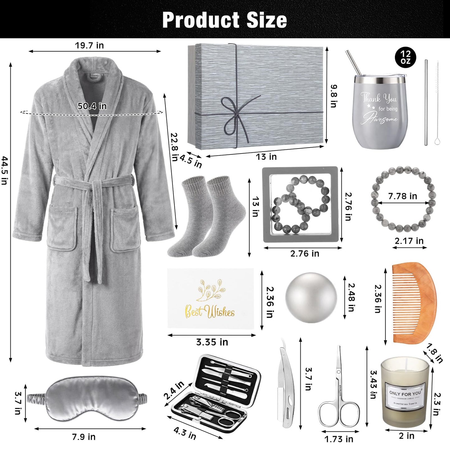 Nuogo 15 Pcs Birthday Gifts for Men Beard Care Set for Him Dad Birthday Gifts Basket Ideas Kit for Men Tumbler Bath Robe for Father's Day Dad Husband Boyfriend Box(Unhooded,Grey)
