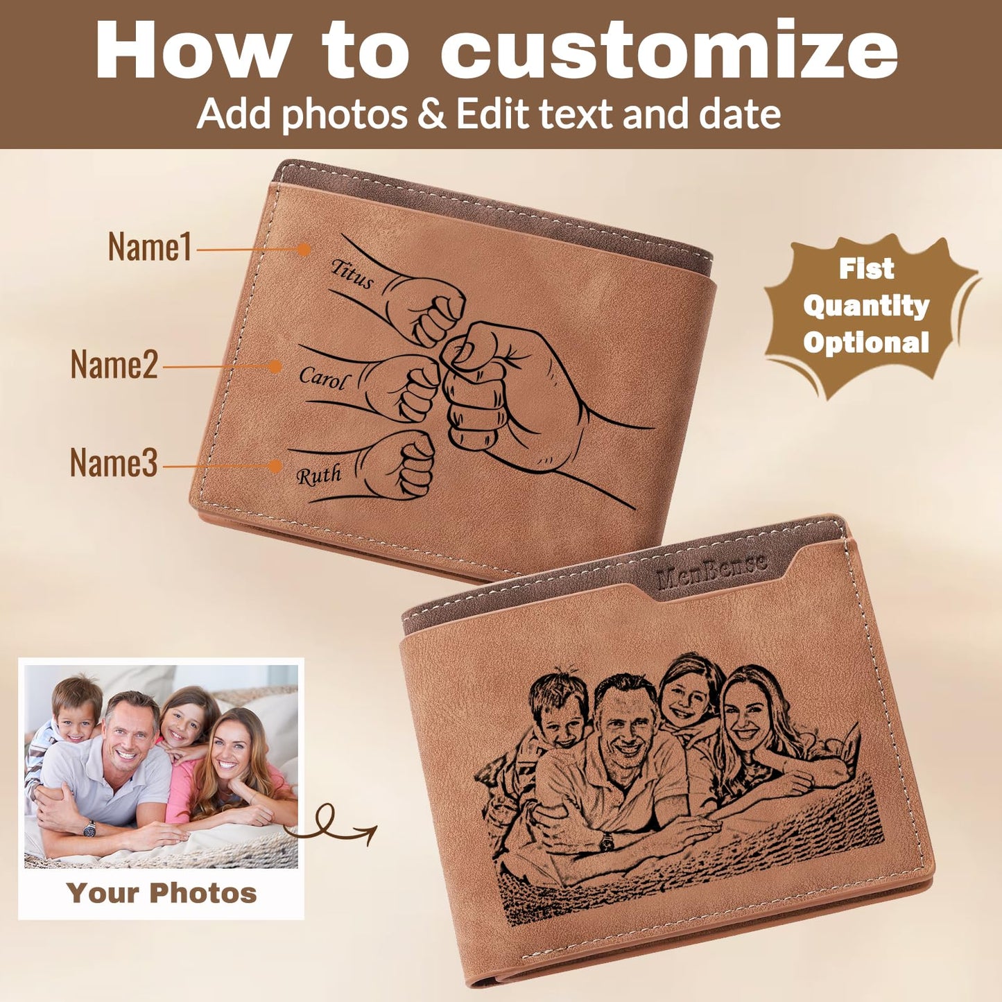 JONZIN Personalized Dad Gifts Custom Wallets From Daughter Son - Engraved Photo & Fist Name Personalized Wallet for Men Customized Fathers Day Christmas Gifts for Men Husband