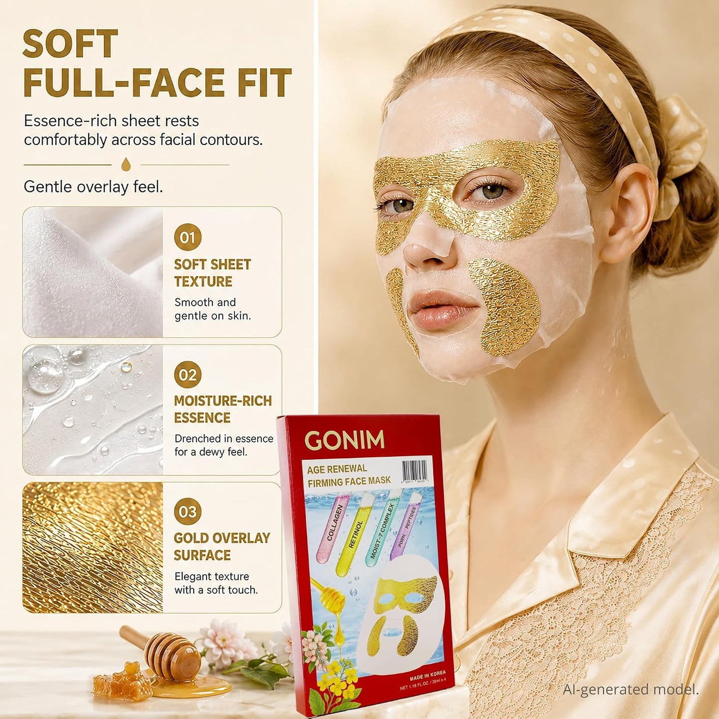Korean Face Mask - Hydrating Sheet Mask with Retinol & Collagen | 4pcs for Dry Skin & Fine Lines