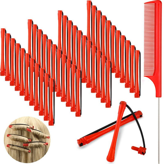 Hair Perm Rods - 48 Pieces Plastic Curling Rollers with Steel Pintail Comb | 0.2 Inch, Red