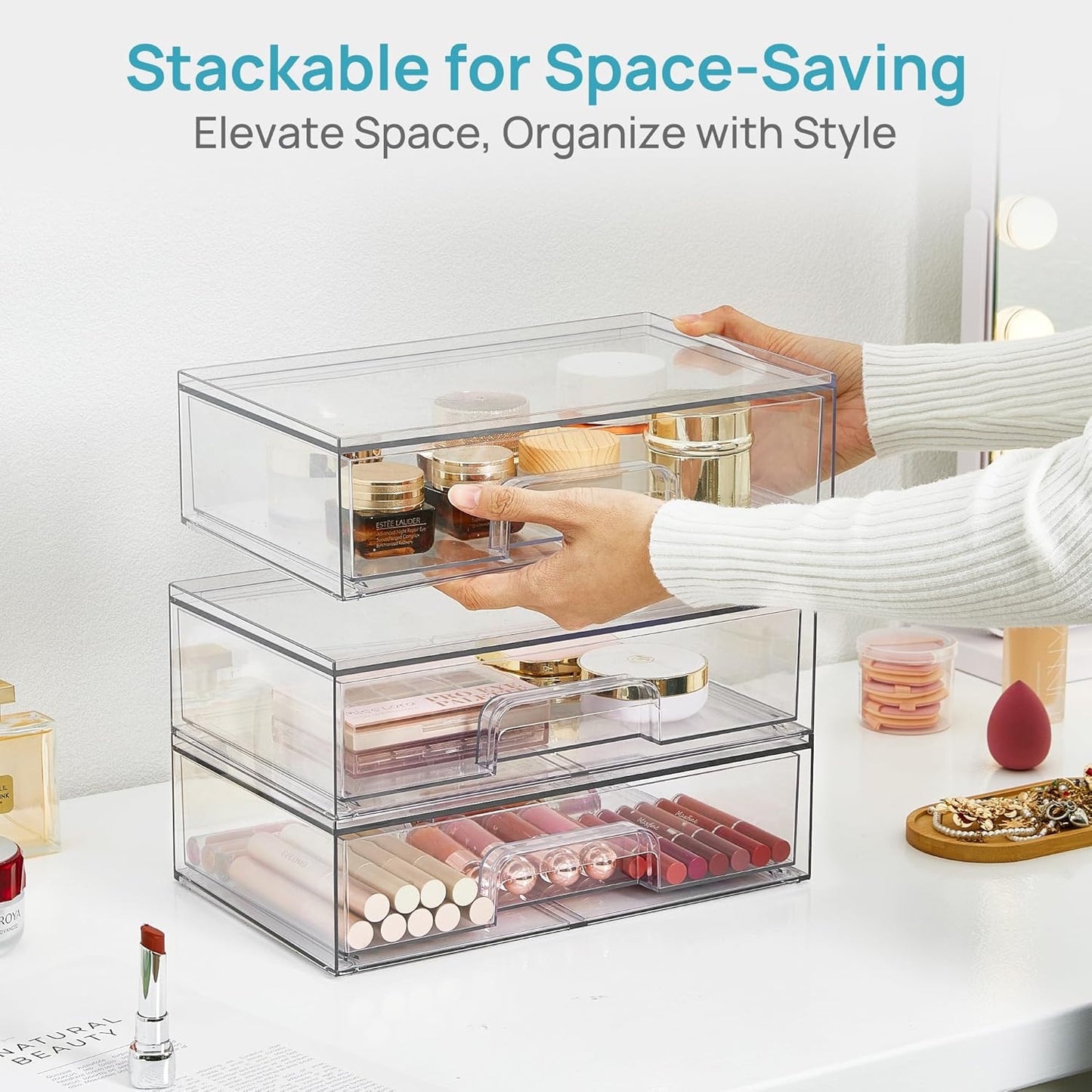 Clear Stackable Storage Drawers - 12.1''W Acrylic Organizers for Makeup, Cosmetics & Beauty Supplies | 2 Pack