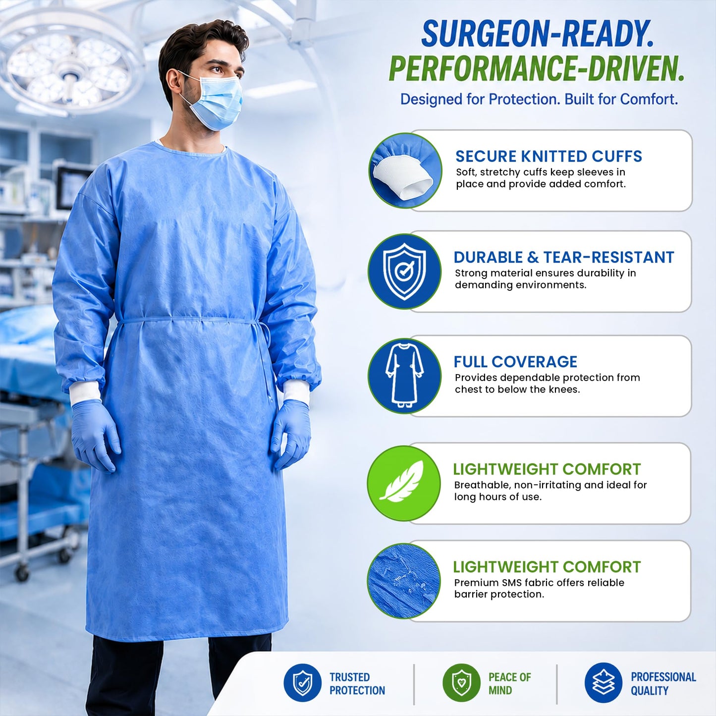 Disposable PPE Isolation Medical Gowns 10-Pack – Level 2, Full Back Coverage, Double Tie Closure, SMS 35g Material, Knit Cuffs, Unisex, Professional Blue for Healthcare & Lab Use