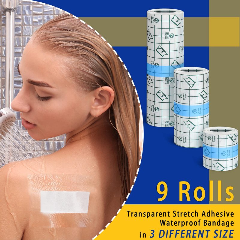 Nuanchu 9 Rolls Tattoo Aftercare Bandage Waterproof Transparent Stretch Adhesive Bandages Tape Clear Tattoo Film Wrap for Swimming, 3 Sizes(2 Inch, 4 Inch, 6 Inch Wide)