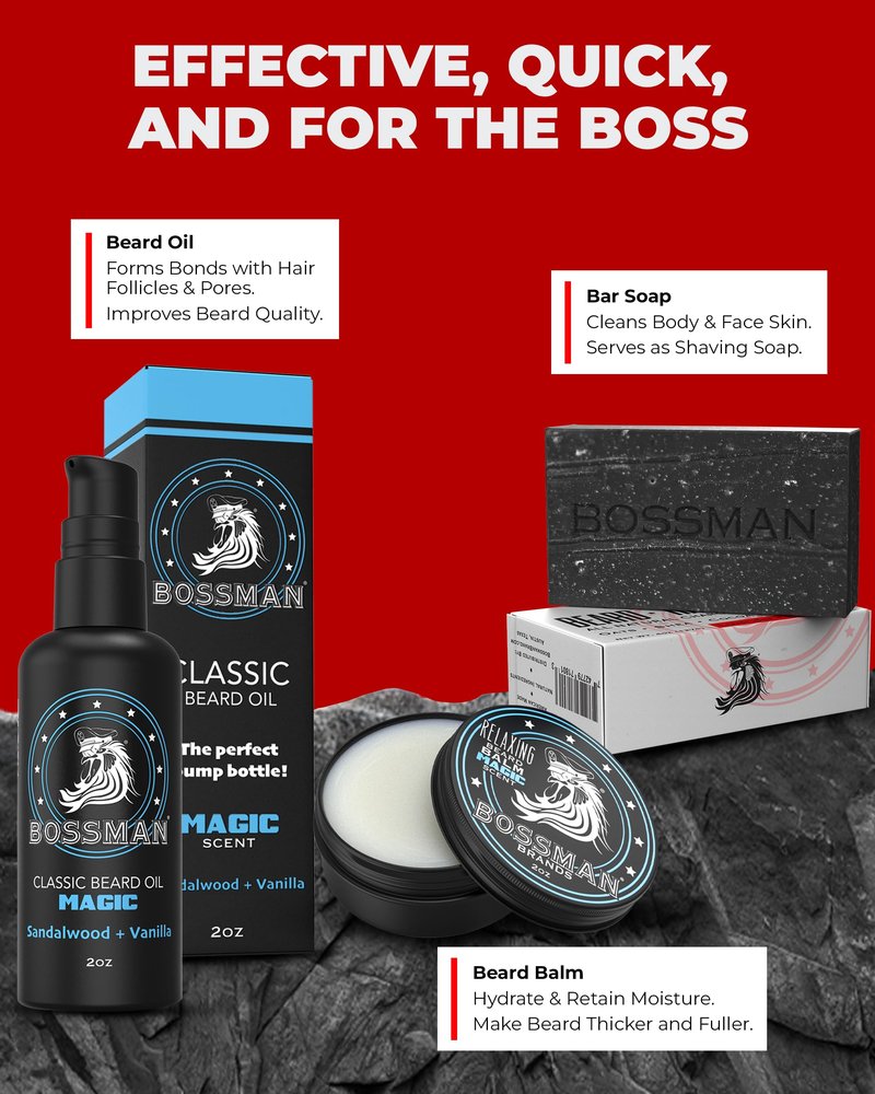 Bossman Starter Beard Kit for Men – Beard Oil (2 oz), Beard Balm & Bar Soap – Natural & Organic Grooming Kit – Made in the USA Men Gift Set (Magic Scent)