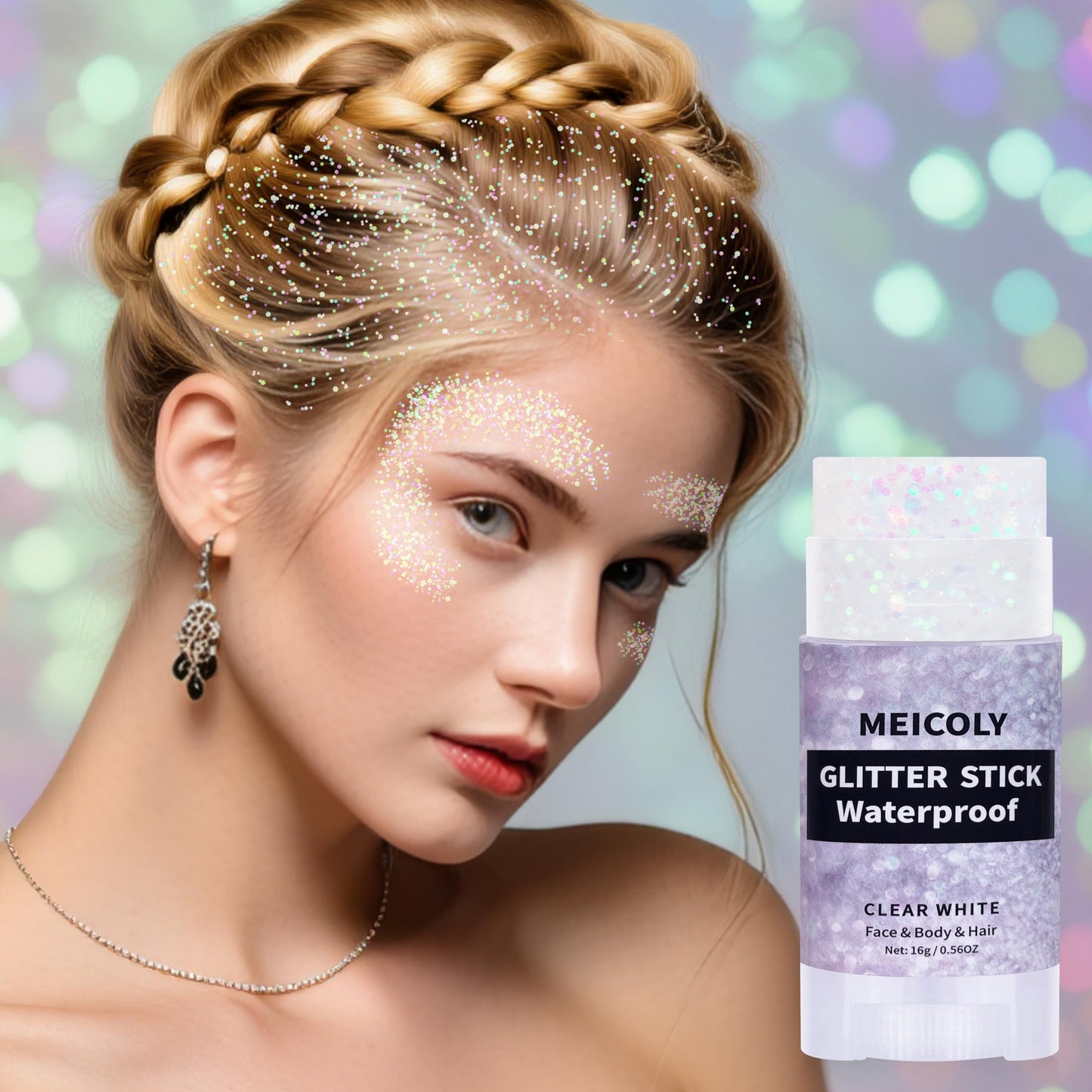 MEICOLY Clear White Hair Glitter Stick,Body Glitter Stick for Women,Sparkle Glitter Fairy Makeup,Waterproof Mermaid Costume Face Glitter,for Party Rave Festival