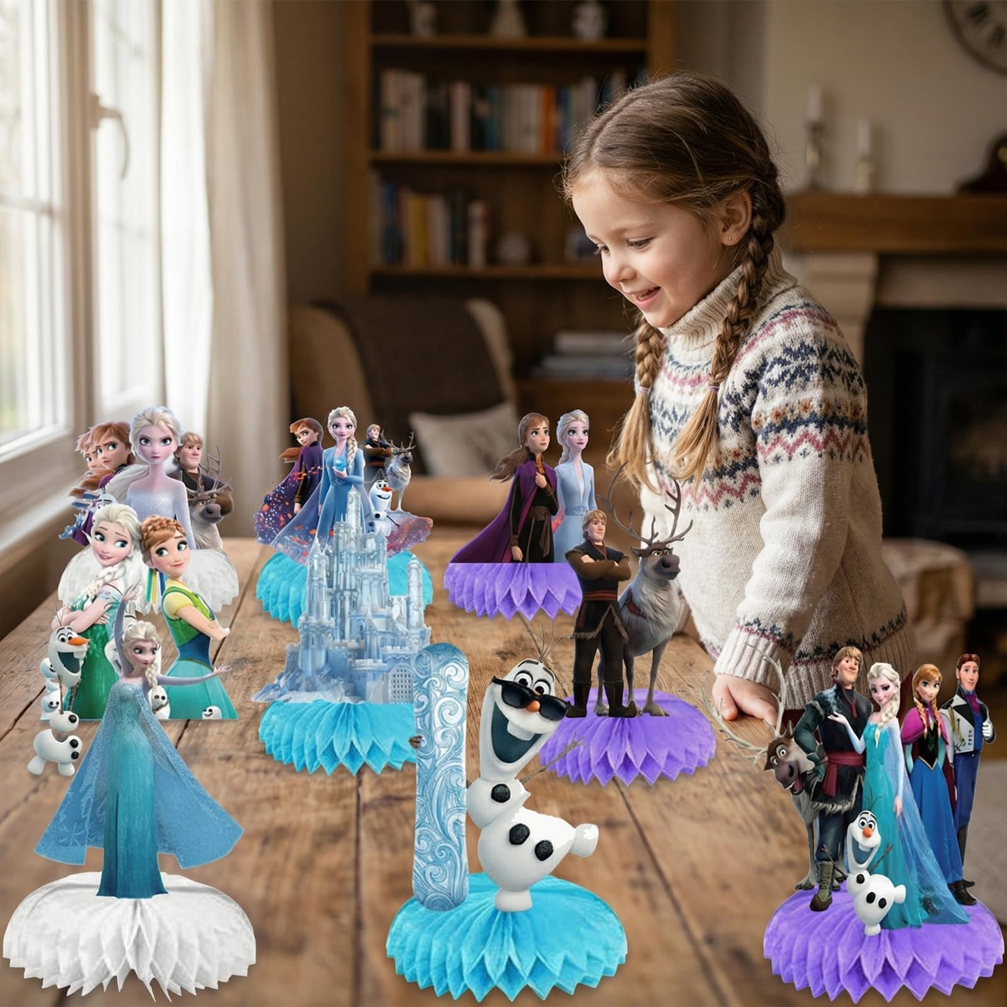 Anime Theme Double-Sided Honeycomb Centerpieces，9 Pcs Cute Snow Theme Honeycomb Decorations，Table Decorations For Party， Tabletop Decor Birthday Party Supplies