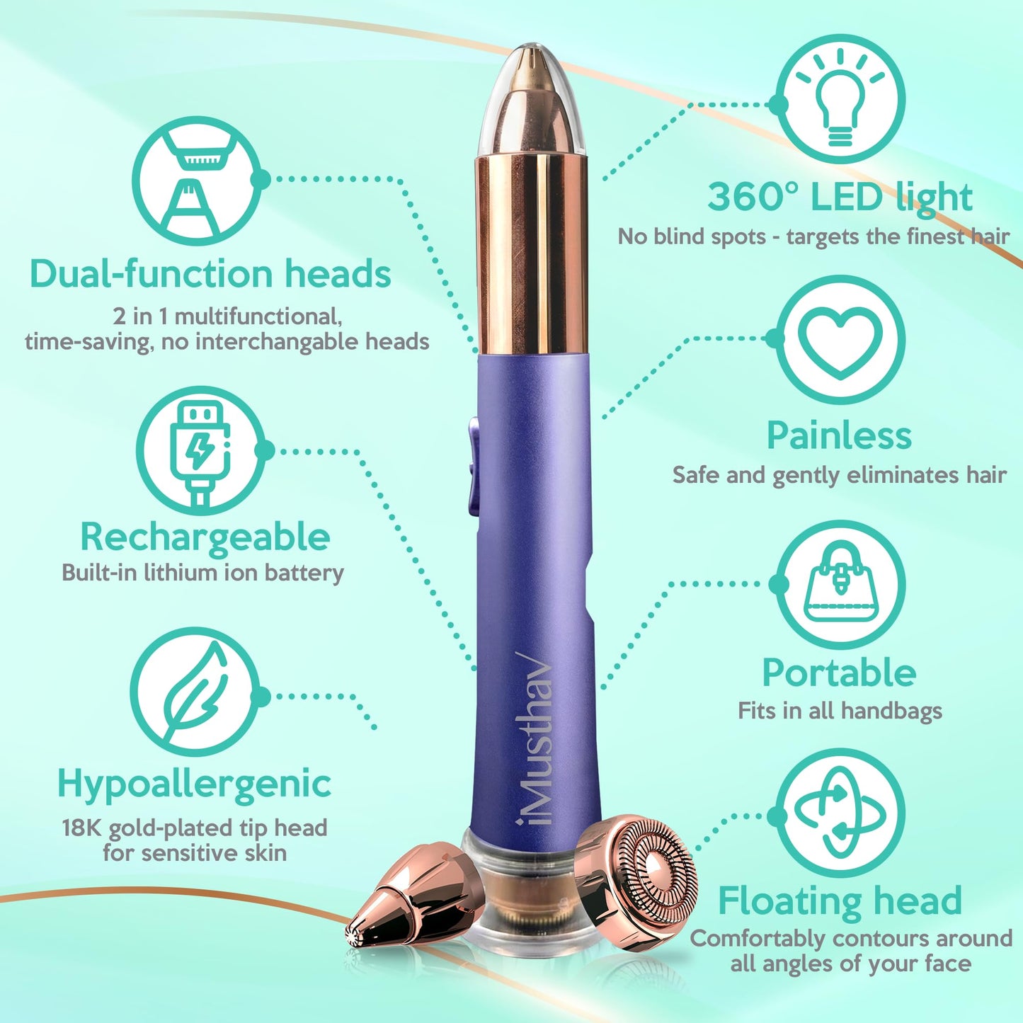 iMusthav Facial Hair Removal for Women, 2-in-1 Face Hair Remover & Eyebrow Trimmer, Painless Flawless Face Shaver with LED Light, Rechargeable Peach Fuzz Remover & Electric Eyebrow Razor for Women