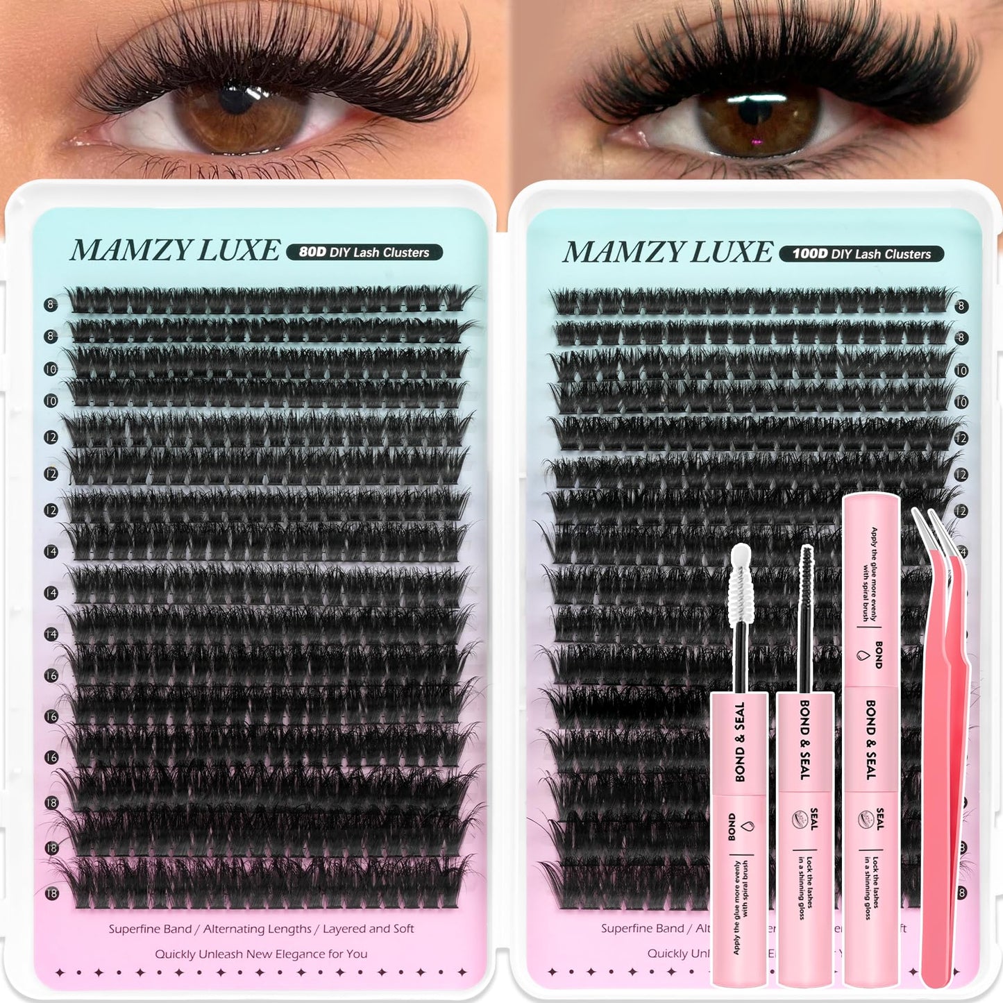 Fluff Lash Clusters Kit 608PCS Cluster Eyelash Extensions Kit 8-18MM Wispy Lashes Clusters Kit 80D 100D D-Curly Eyelash Clusters Mix Daily Look Fake Eyelashes Extension Kit