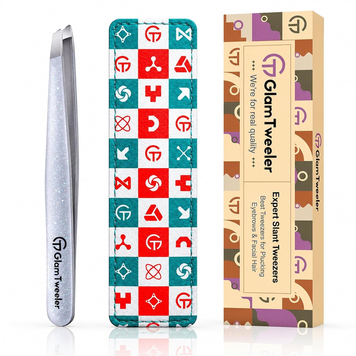 Expert Slant Tip Tweezers - Precision Stainless Steel for Eyebrow & Facial Hair Removal | Includes Leather Case (Silver)