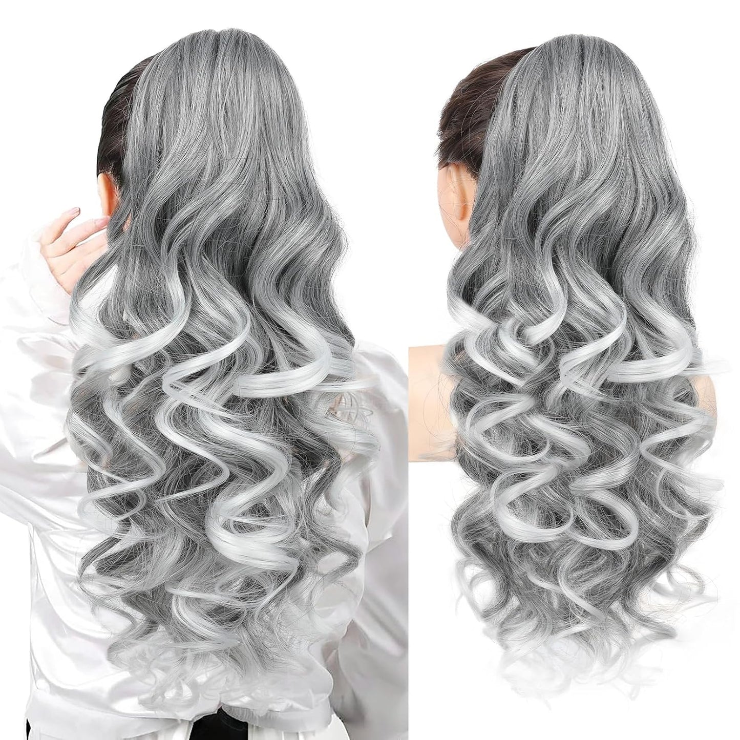 Ponytail Extension - 24" Claw Clip In Long Curly Wavy Hairpiece | Medium Blonde with Highlights