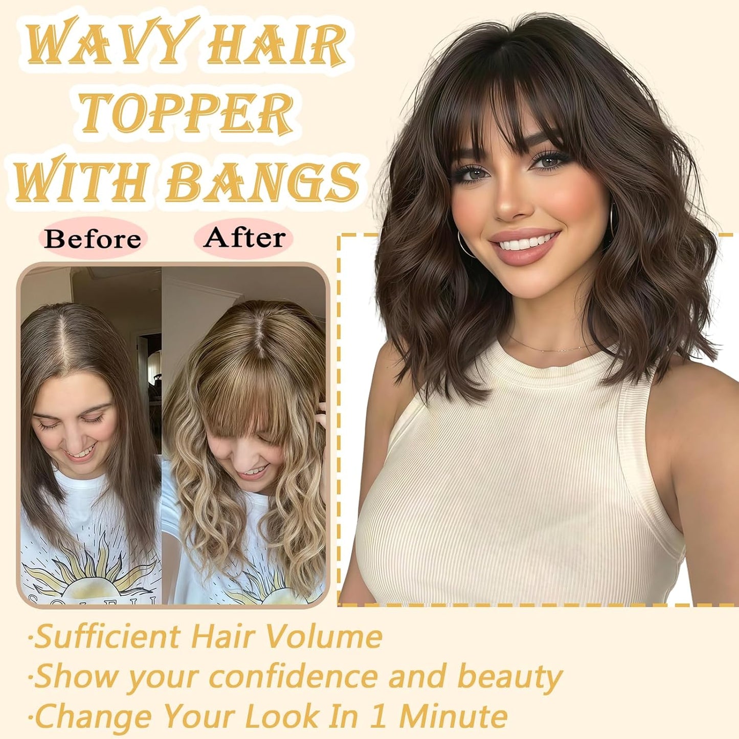 Hair Topper for Women - 16 Inch Synthetic Curly Clip-In with Wispy Bangs | Natural Chestnut Brown Volume Boost