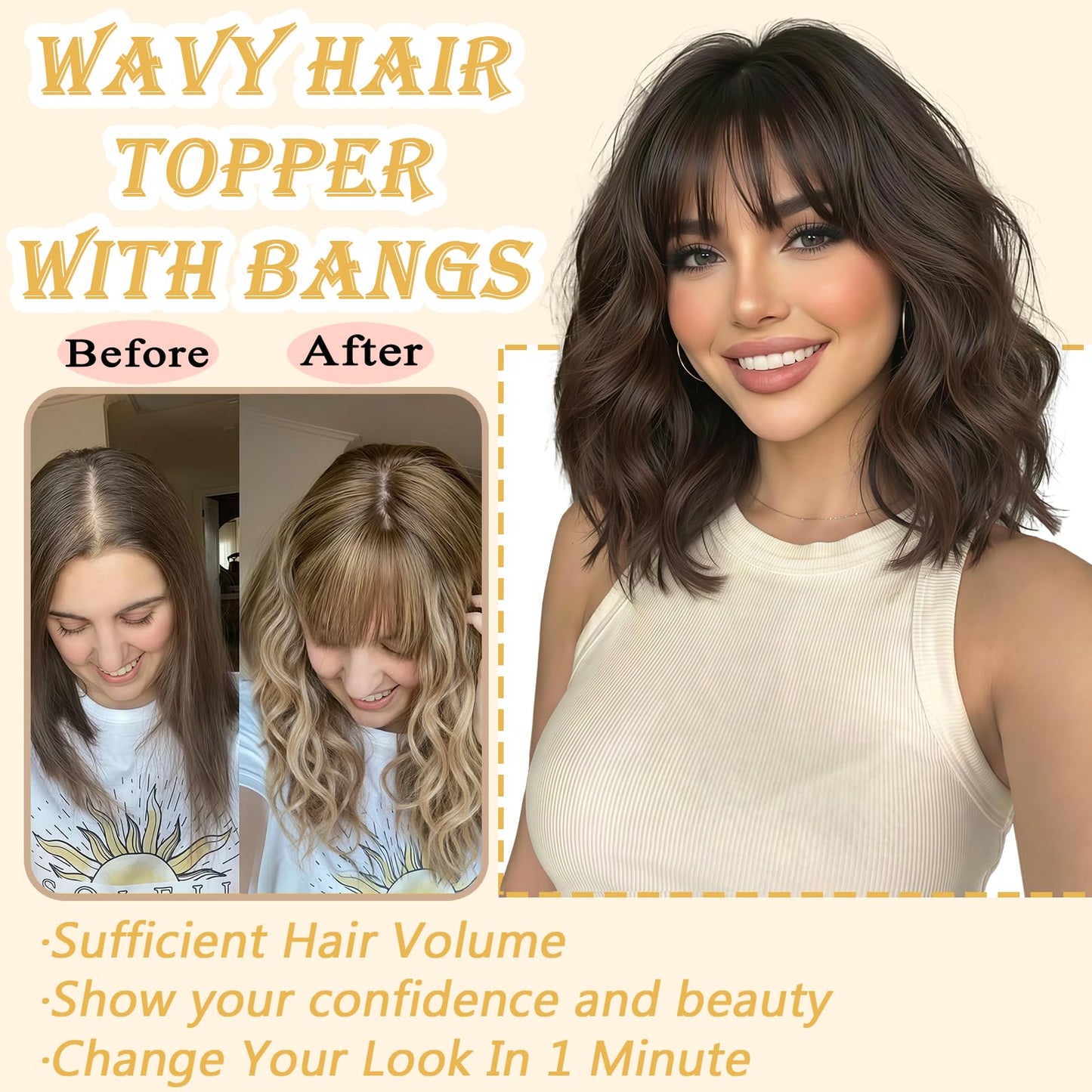 16 Inch Hair Topper for Women with Thinning Hair, Synthetic Curly Wavy Clip-In Topper with Wispy Bangs Natural Looking Crown Coverage Lightweight Hair Piece for Volume(Auburn Brown)