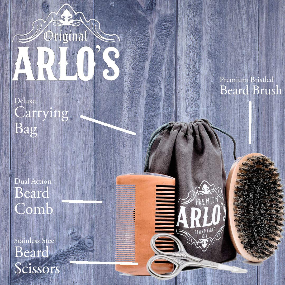 Arlo's 6-PC Mens Beard Grooming Set with Rid the Itch and Smooth and Shiny Beard Oils, Beard Brush, Beard Comb, Scissors, and Carrying Bag