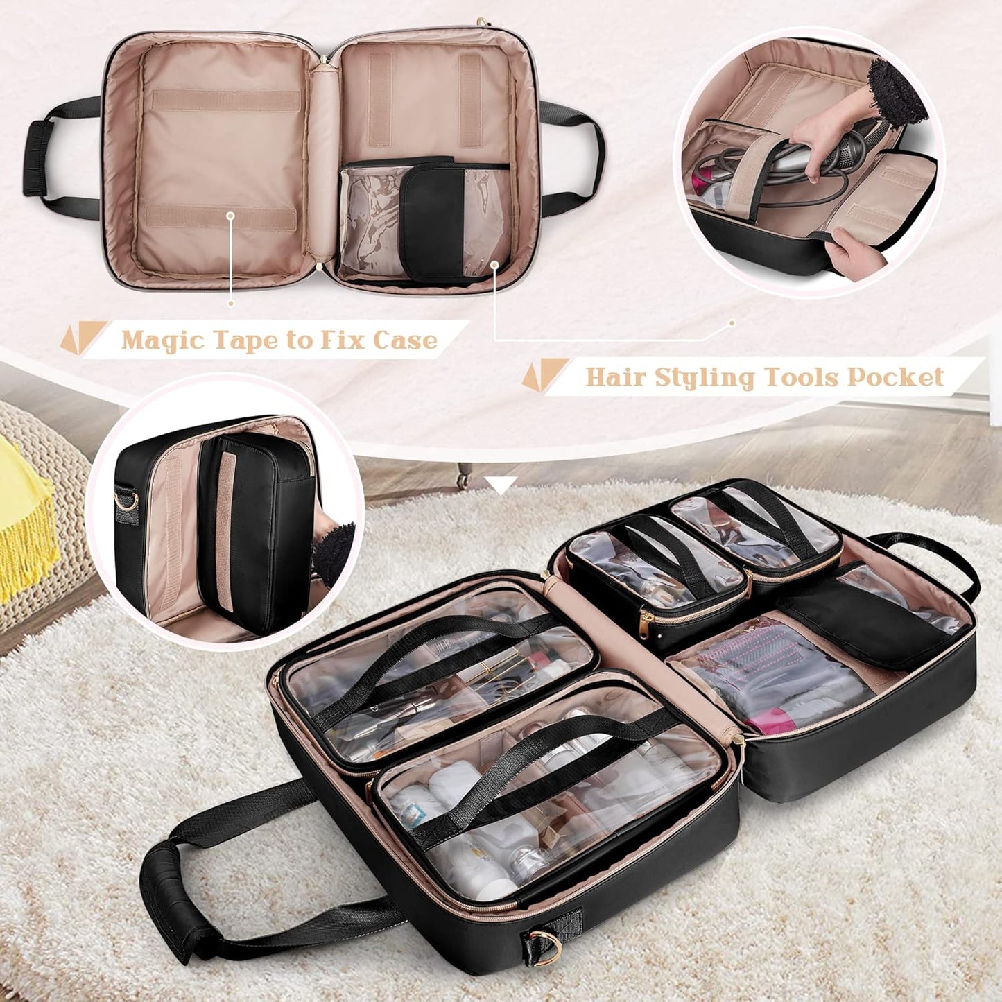 Professional Makeup Artist Travel Case - Large Organizer with 4 Detachable Bags | Black Makeup Storage