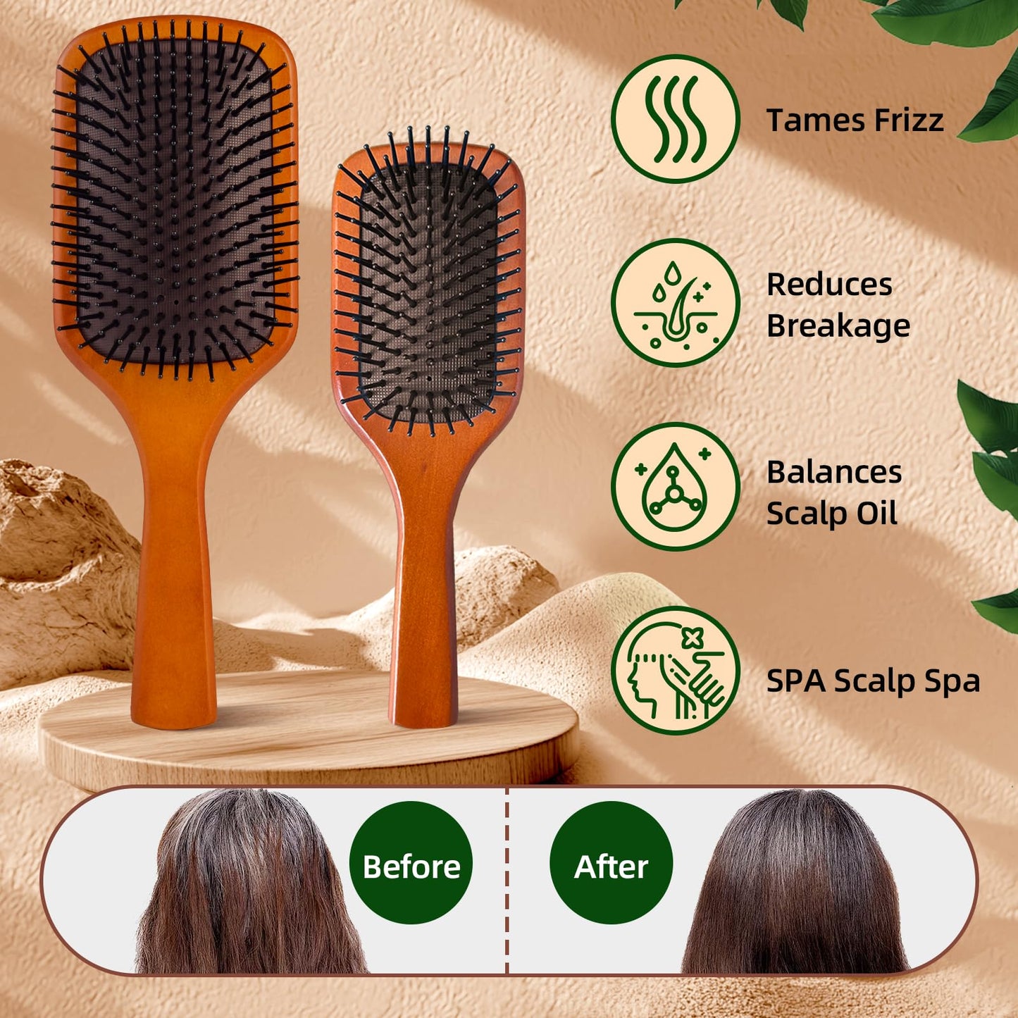 Hair Brush for Women and Men, Wooden Detangling Paddle Brush, Air Cushion Brush for Reducing Hair Breakage, Smoothing Brushes for Curly Straight Hair, Wet or Dry Use - 2 Pcs