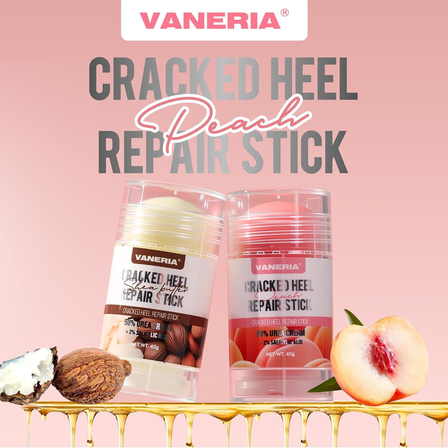 VANERIA 50% Urea Cream Stick - Cracked Heel Repair with 2% Salicylic Acid & Shea Butter | 40g Peach Scent