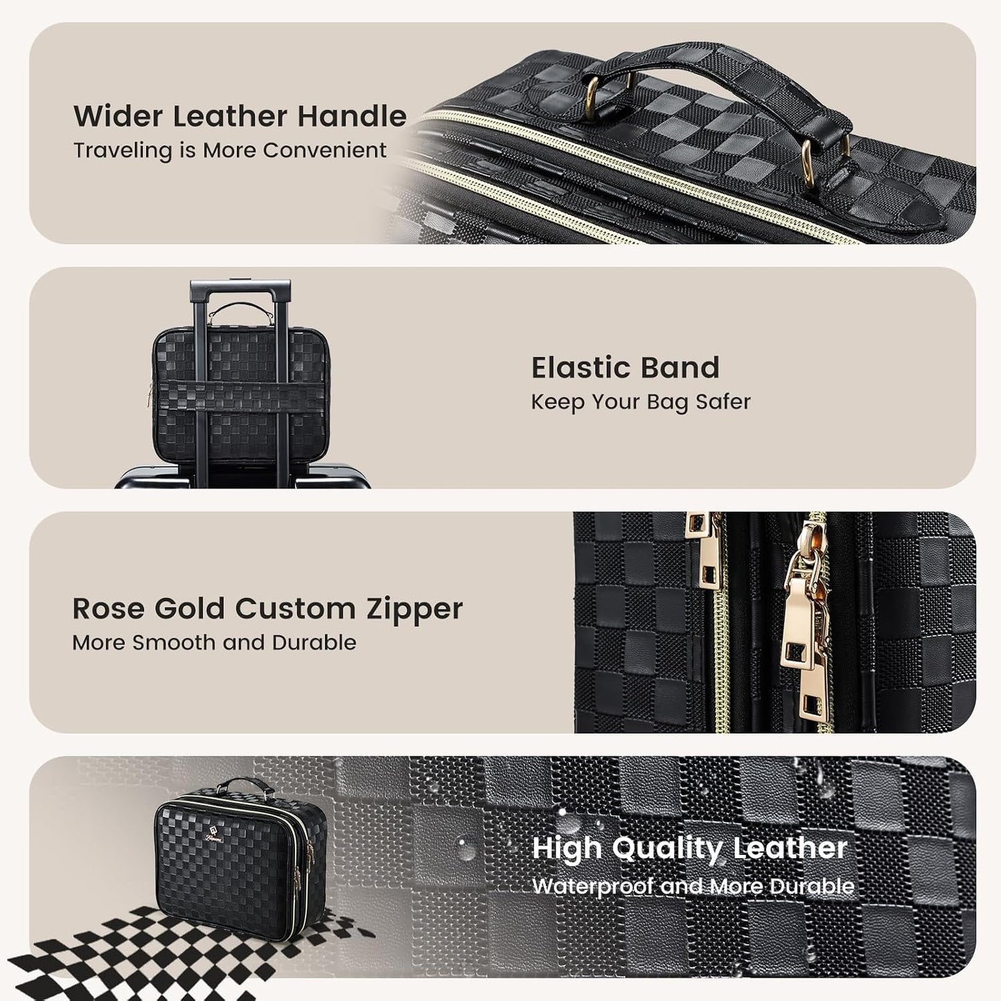 LED Lighted Makeup Bag - Double Layer Cosmetic Train Case with Adjustable Brightness | Black Checkerboard Design